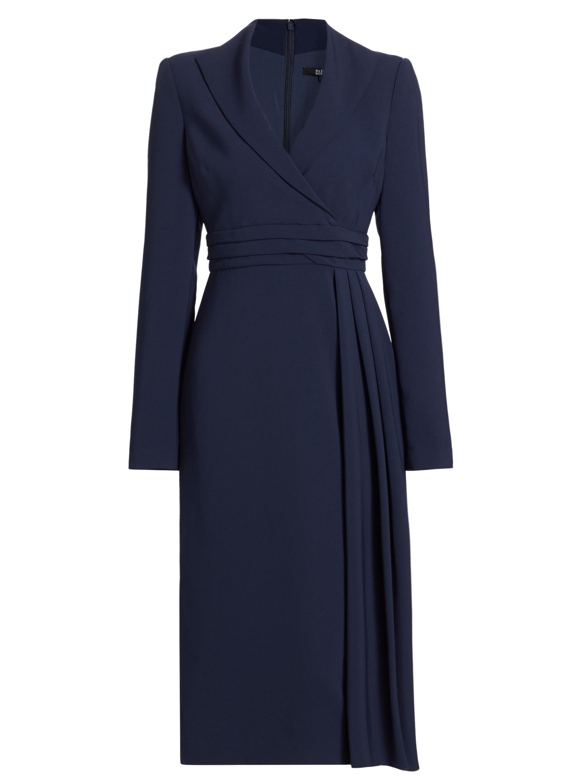 Badgley Mischka Women's Stretch-Crepe Pleated Long-Sleeve Midi-Dress - Navy