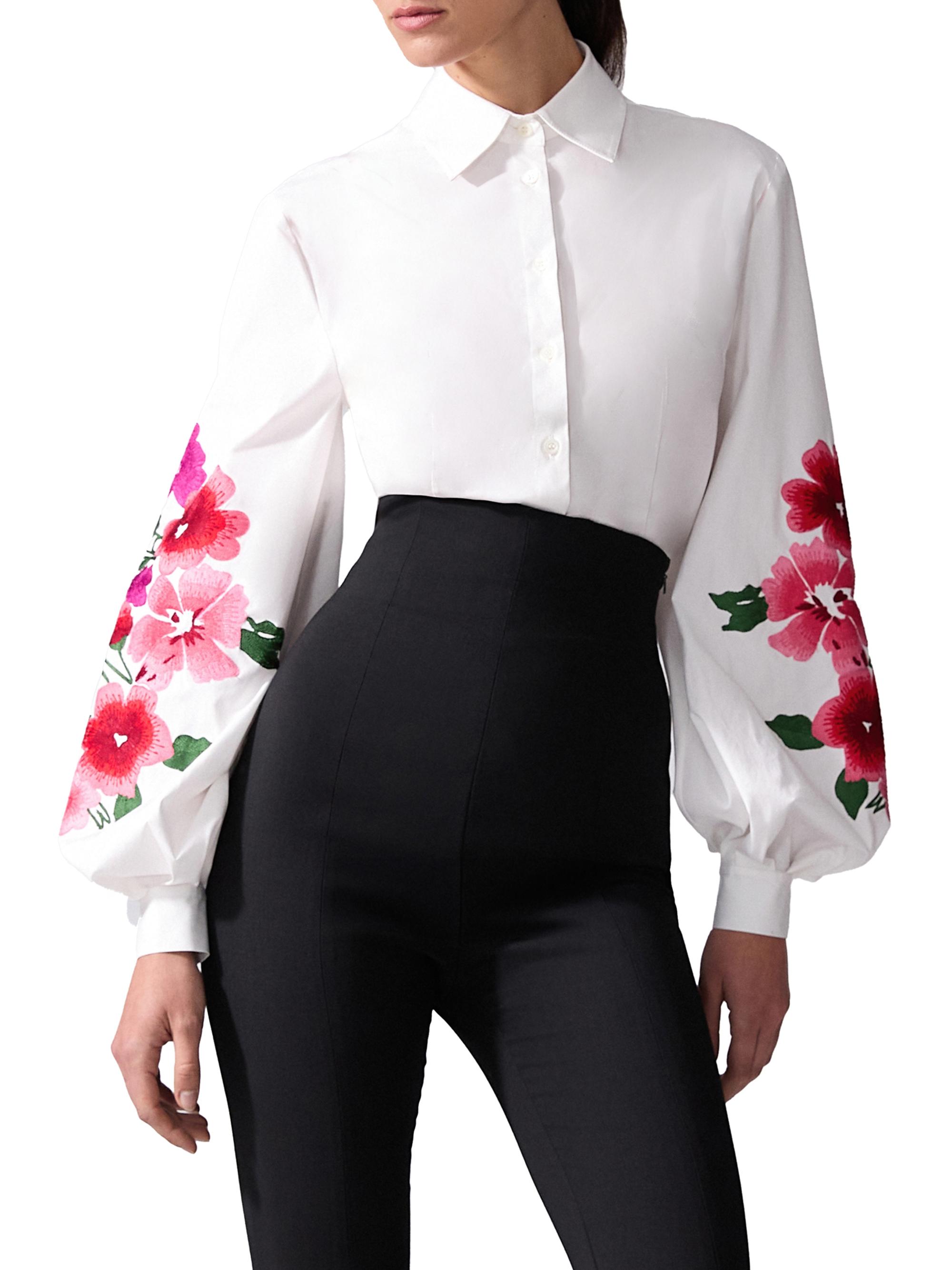 Carolina Herrera Embroidered Puff Sleeve Button-Front Shirt Saks