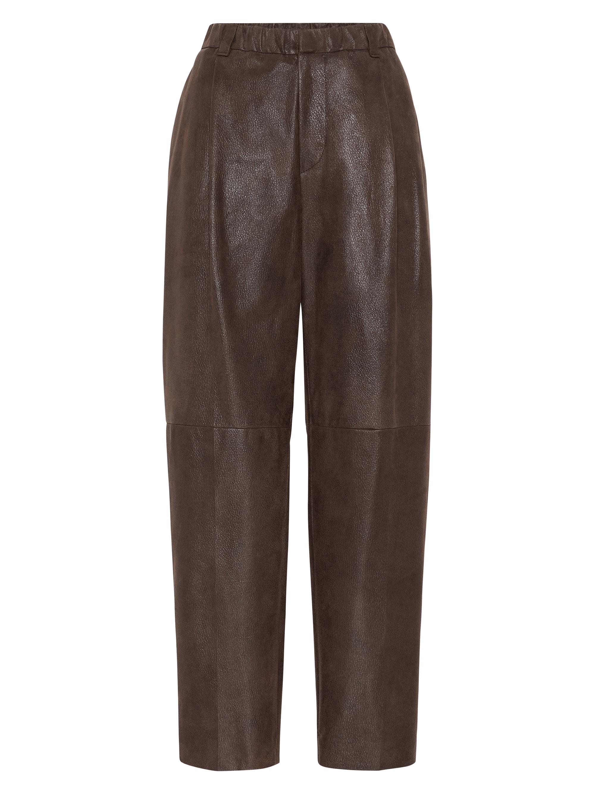 Brunello Cucinelli Women's Wet Effect Suede Cropped Baggy Trousers - Tobacco