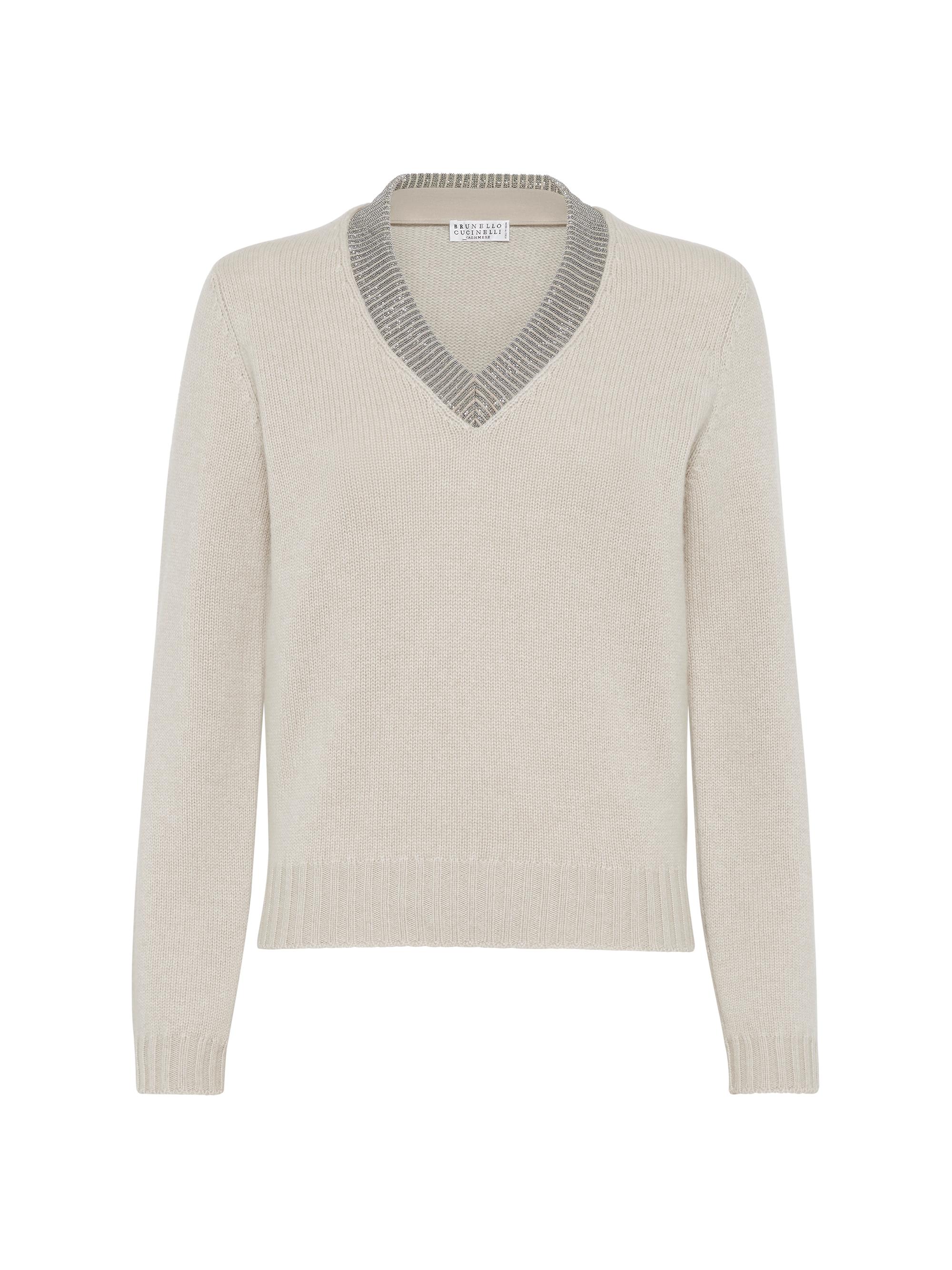 Brunello Cucinelli Women's Cashmere Sweater with Precious Ribbed Neckline - Cool Beige