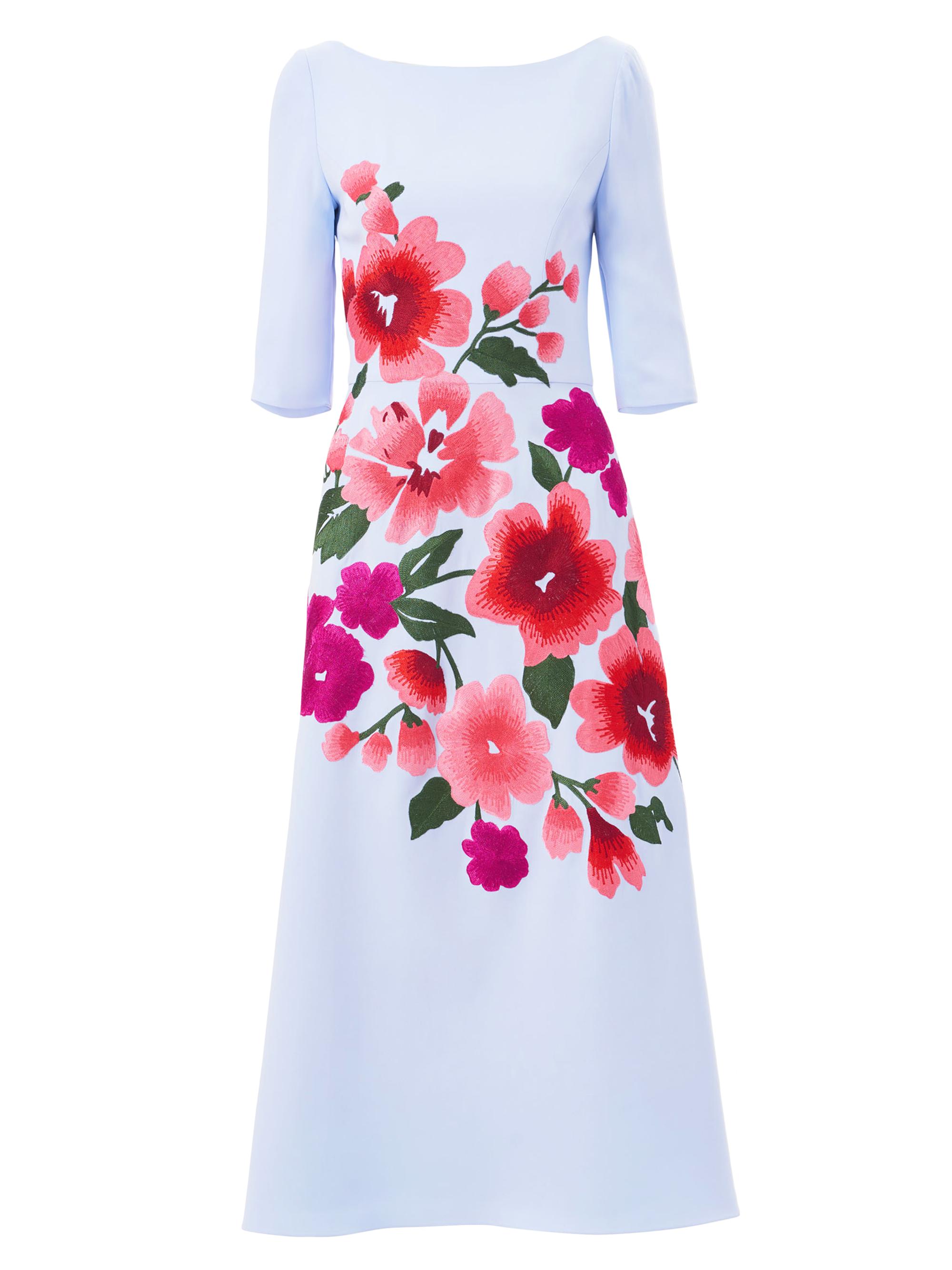 Carolina Herrera Women's Embroidered Boatneck Elbow-Sleeve Midi-Dress - Celeste Multi