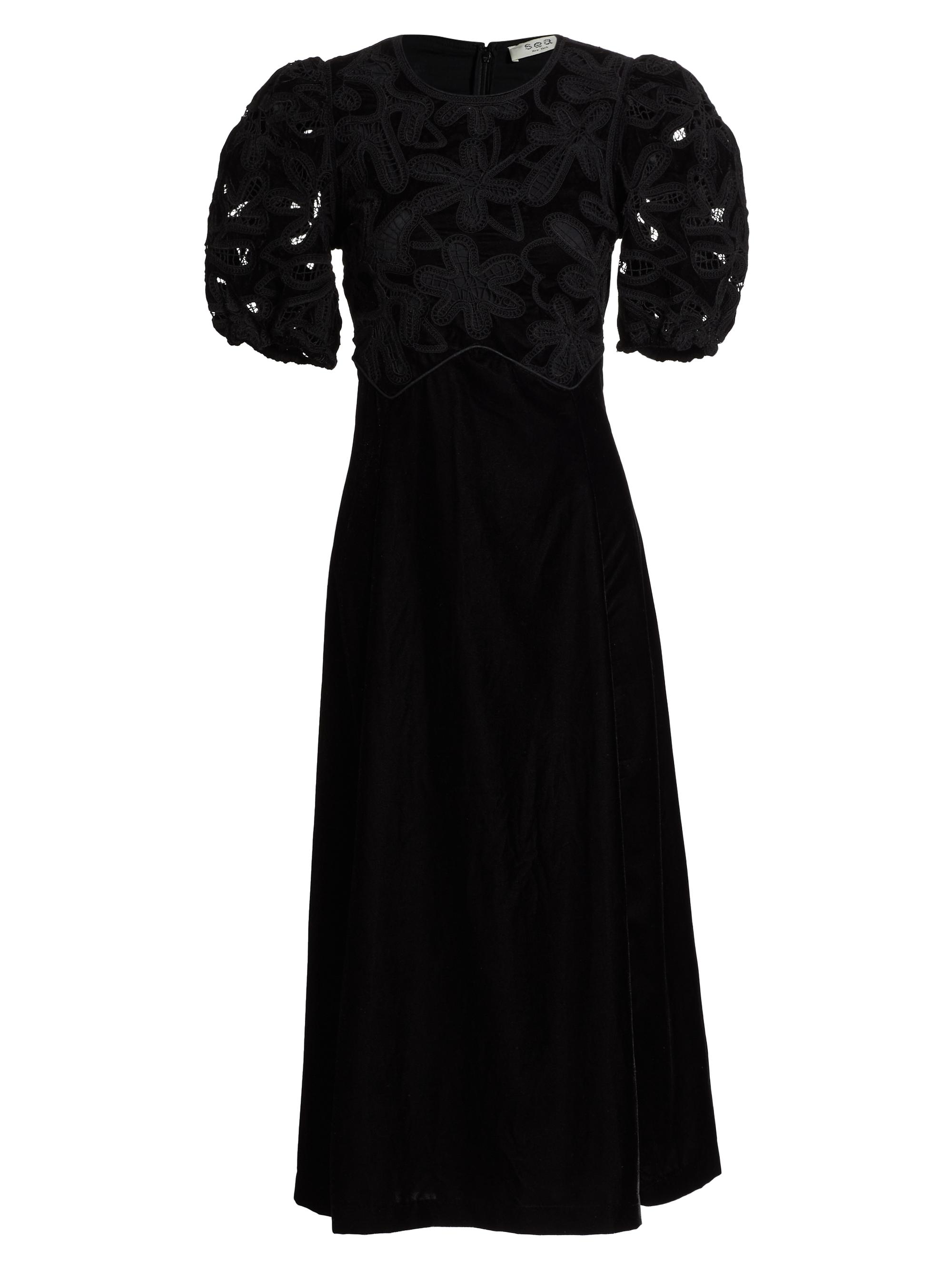 Sea Women's Alice Embroidered Velvet Puff-Sleeve Midi-Dress - Black