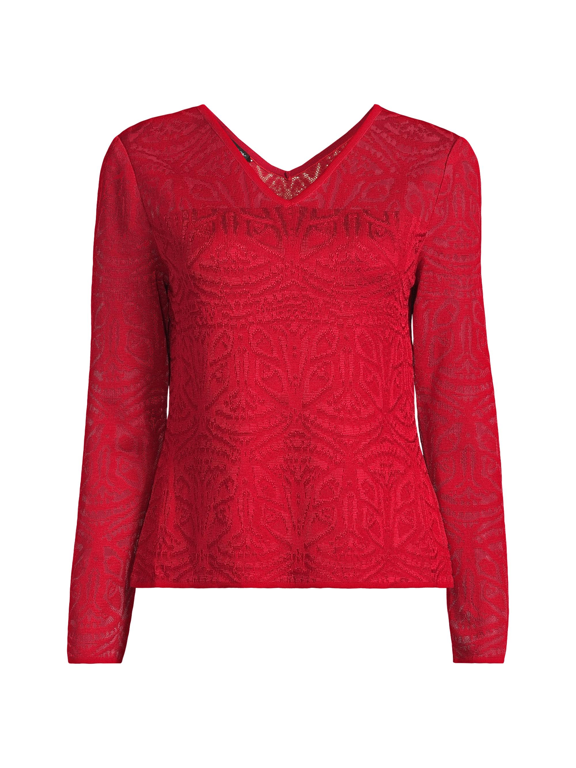 Misook Women's Tonal Double V-Neck Burnout Knit Top - Rouge