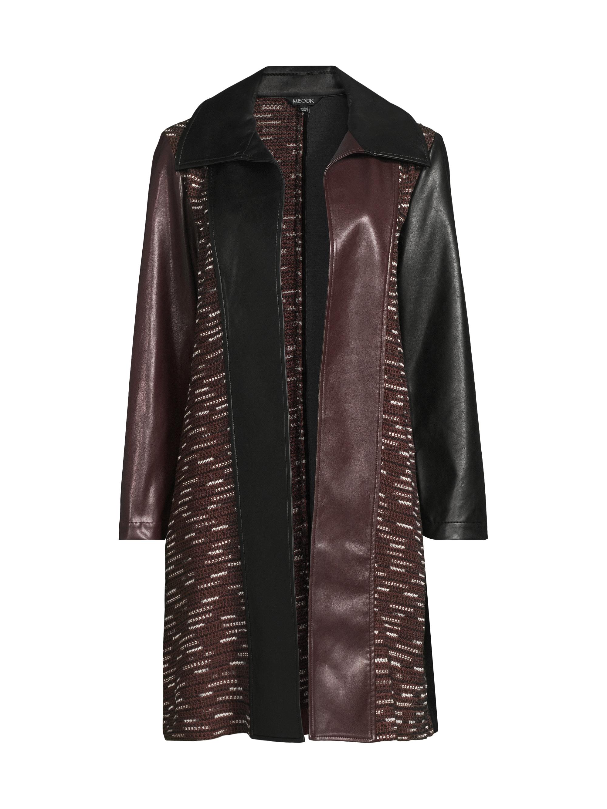 Misook Women's Mixed Media Paneled Tie-Waist Coat - Mahogany Black New