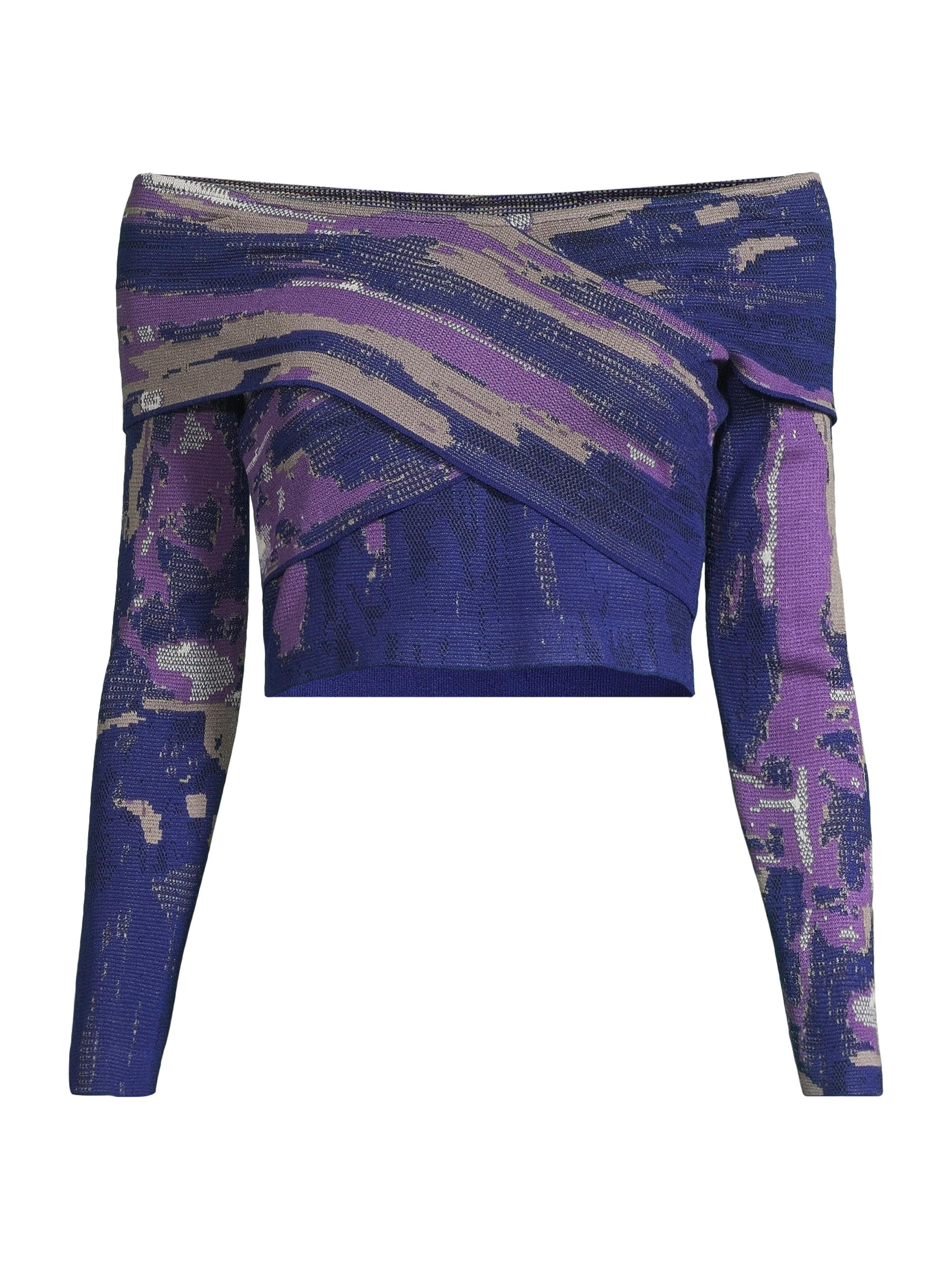 Misook Women's Watercolor Off-The-Shoulder Crop Top - Starry Night Blue