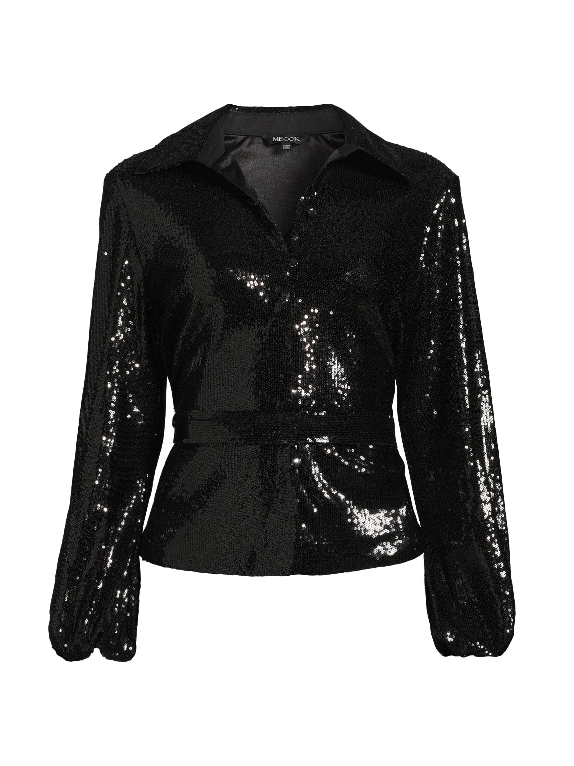 Misook Women's Sequined Belted Shirt Jacket - Black