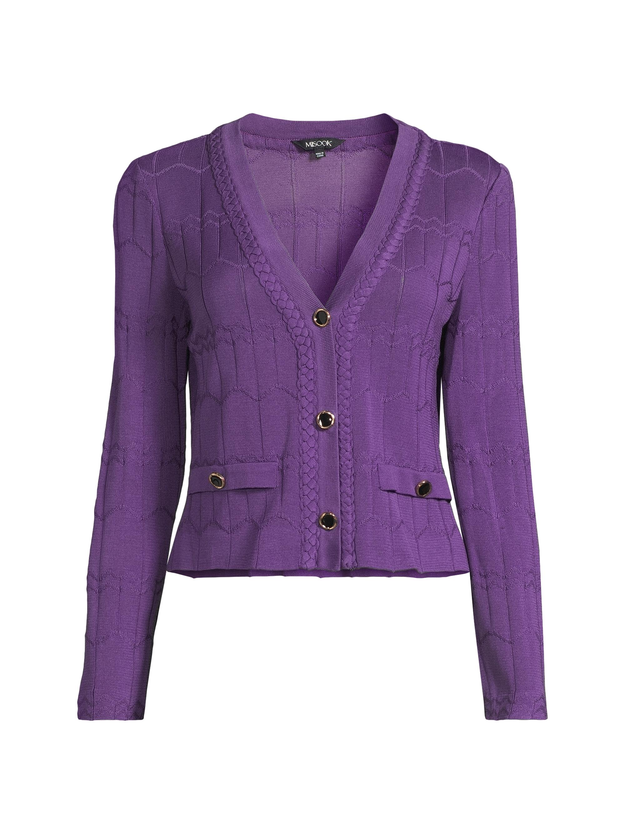 Misook Women's Braided Knit V-neck Cardigan - Plum Royale