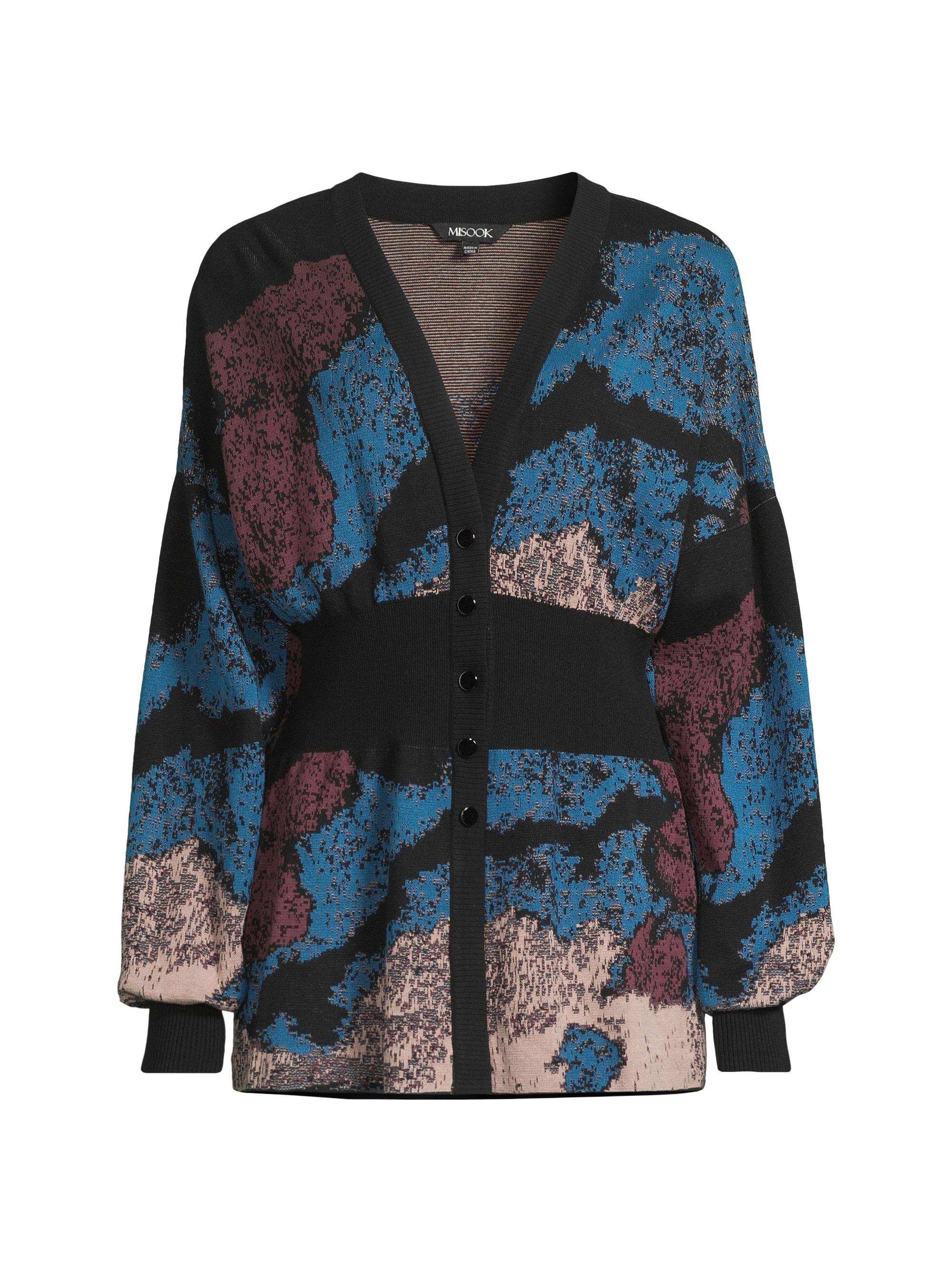 Misook Women's Jacquard Knit V-Neck Cardigan - Tidal Teal Black Mahogany