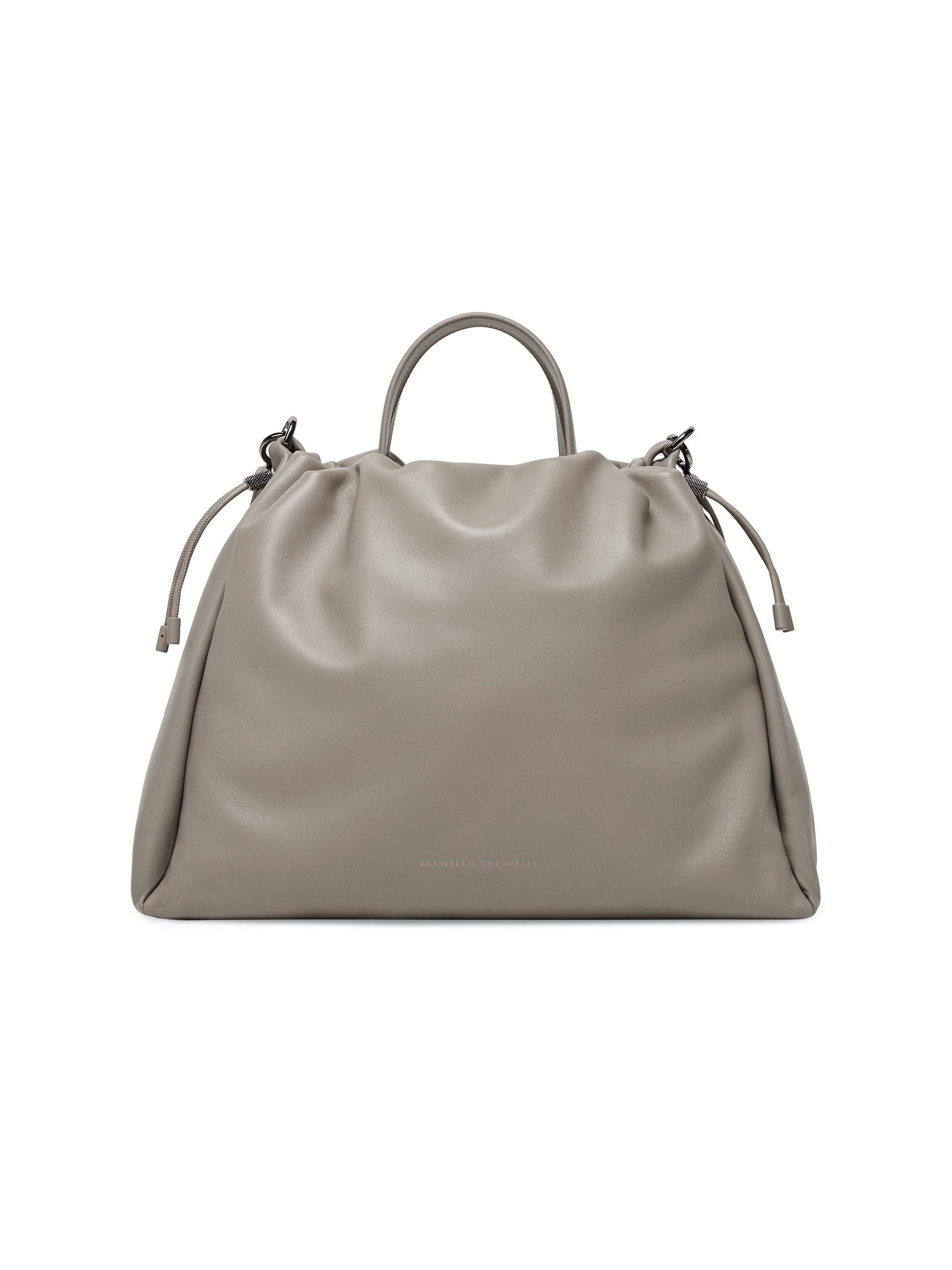 Brunello Cucinelli Women's Soft Leather  Bucket Bag with Monili - Light Grey