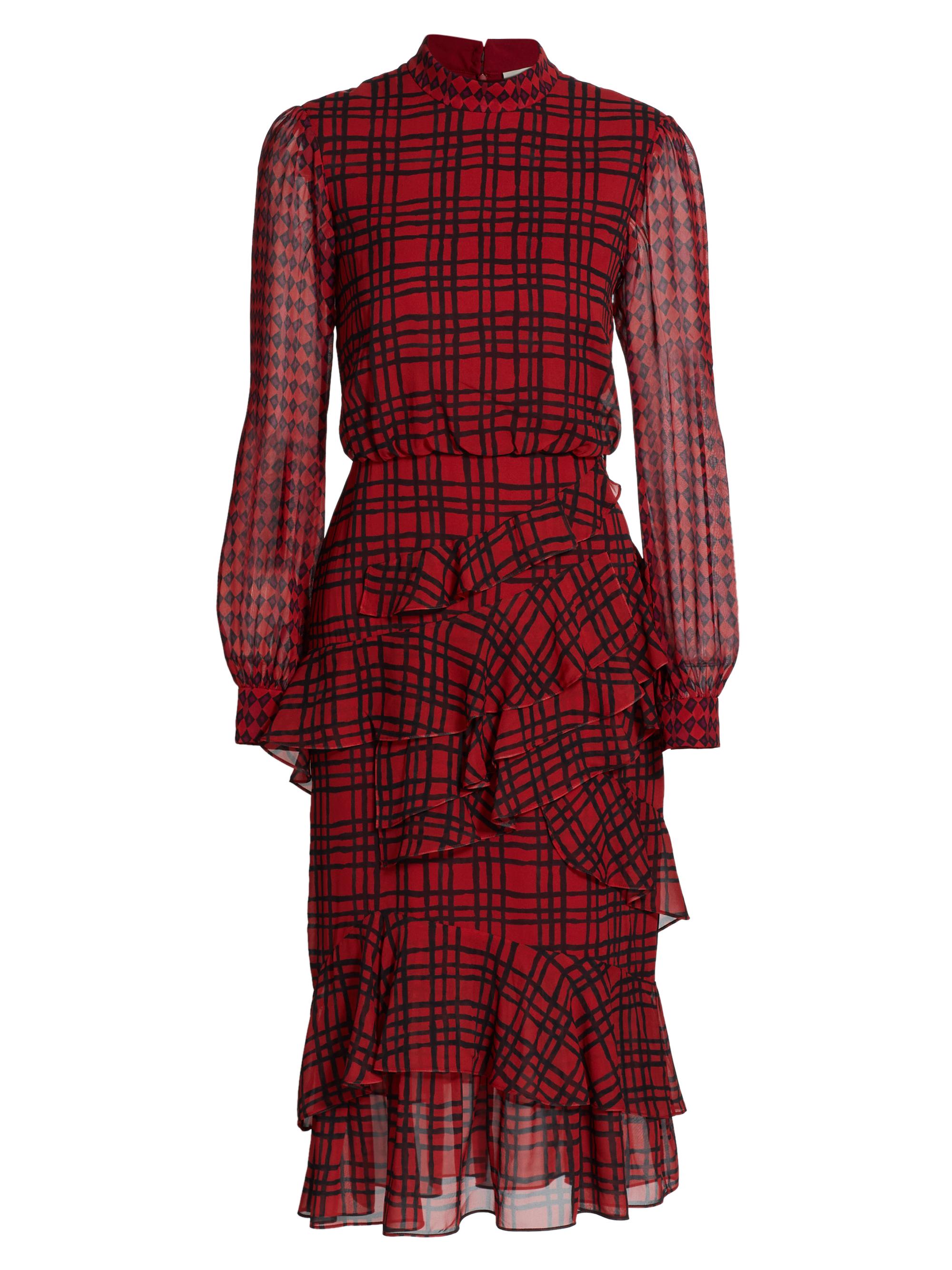 Saloni Women's Isa Check Silk Midi-Dress - Tattersall Rouge