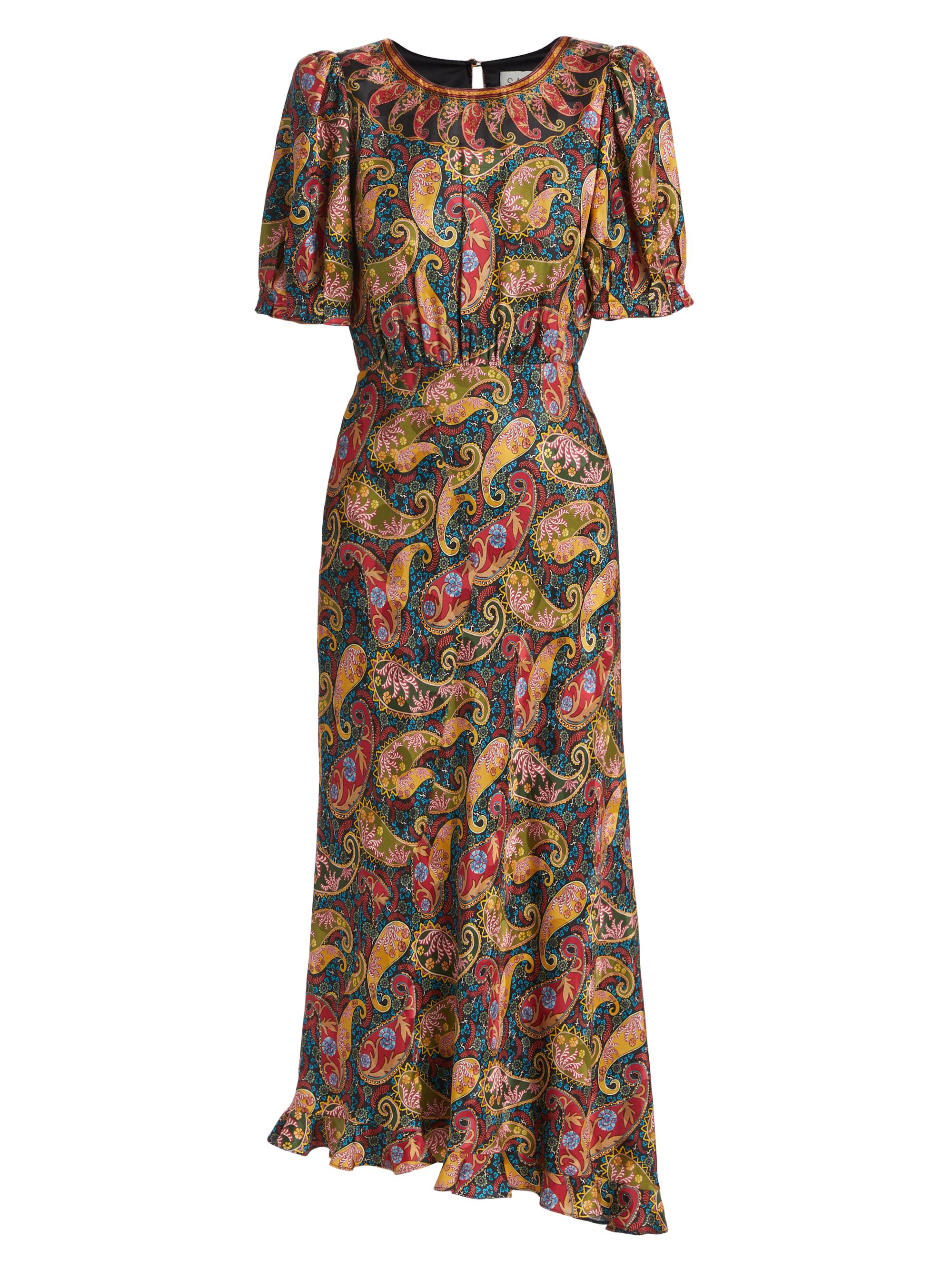 Saloni Women's Vida Paisley Satin Midi-Dress - Arabesque Border Print