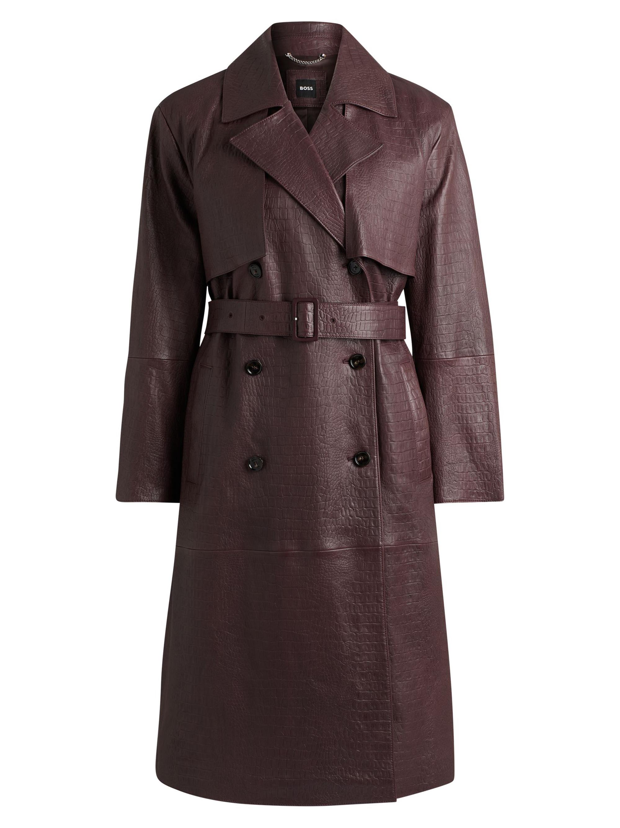 BOSS Women's Double Breasted Trench Coat in Crocodile Patterned Leather - Dark Red