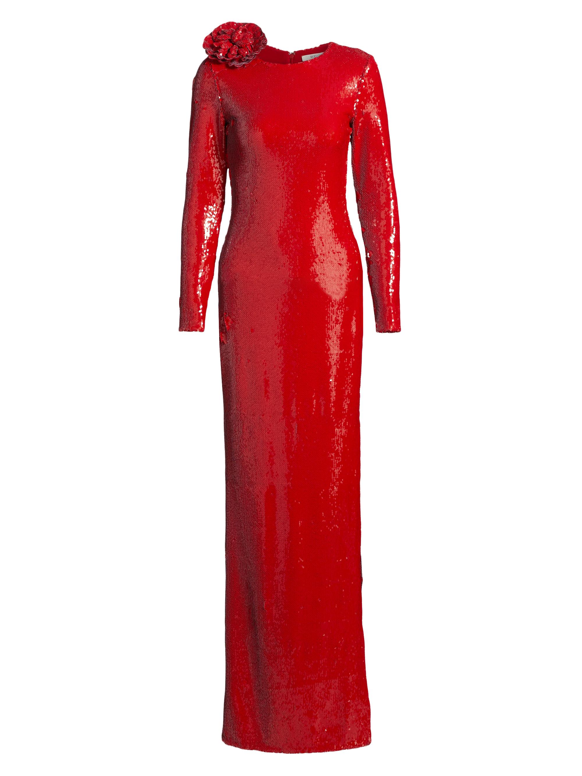 Rodarte Women's Sequined Long-Sleeve Column Gown - Red