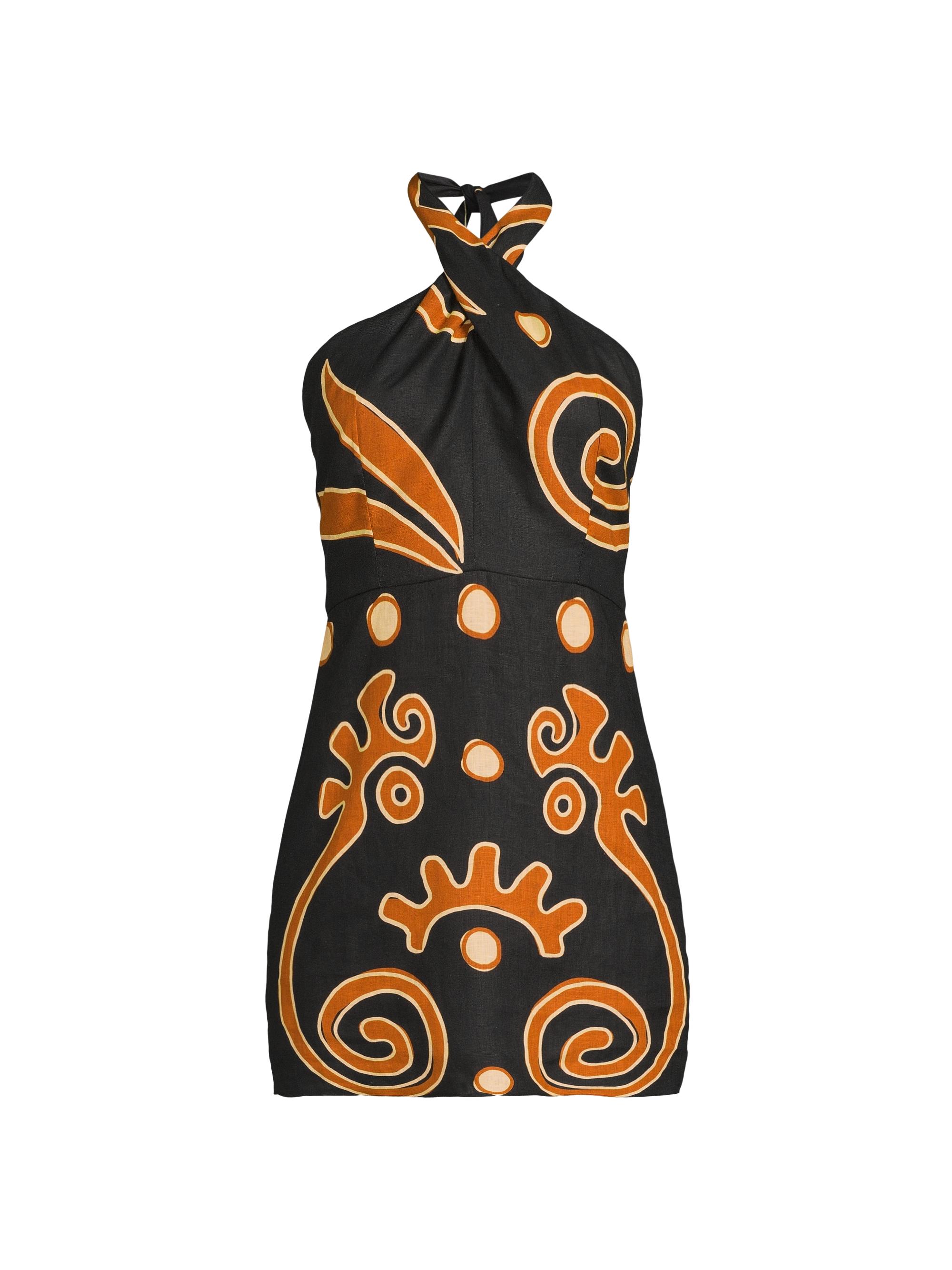 Cala de la Cruz Women's Veneta Abstract Linen Halterneck Minidress - Cafe Black