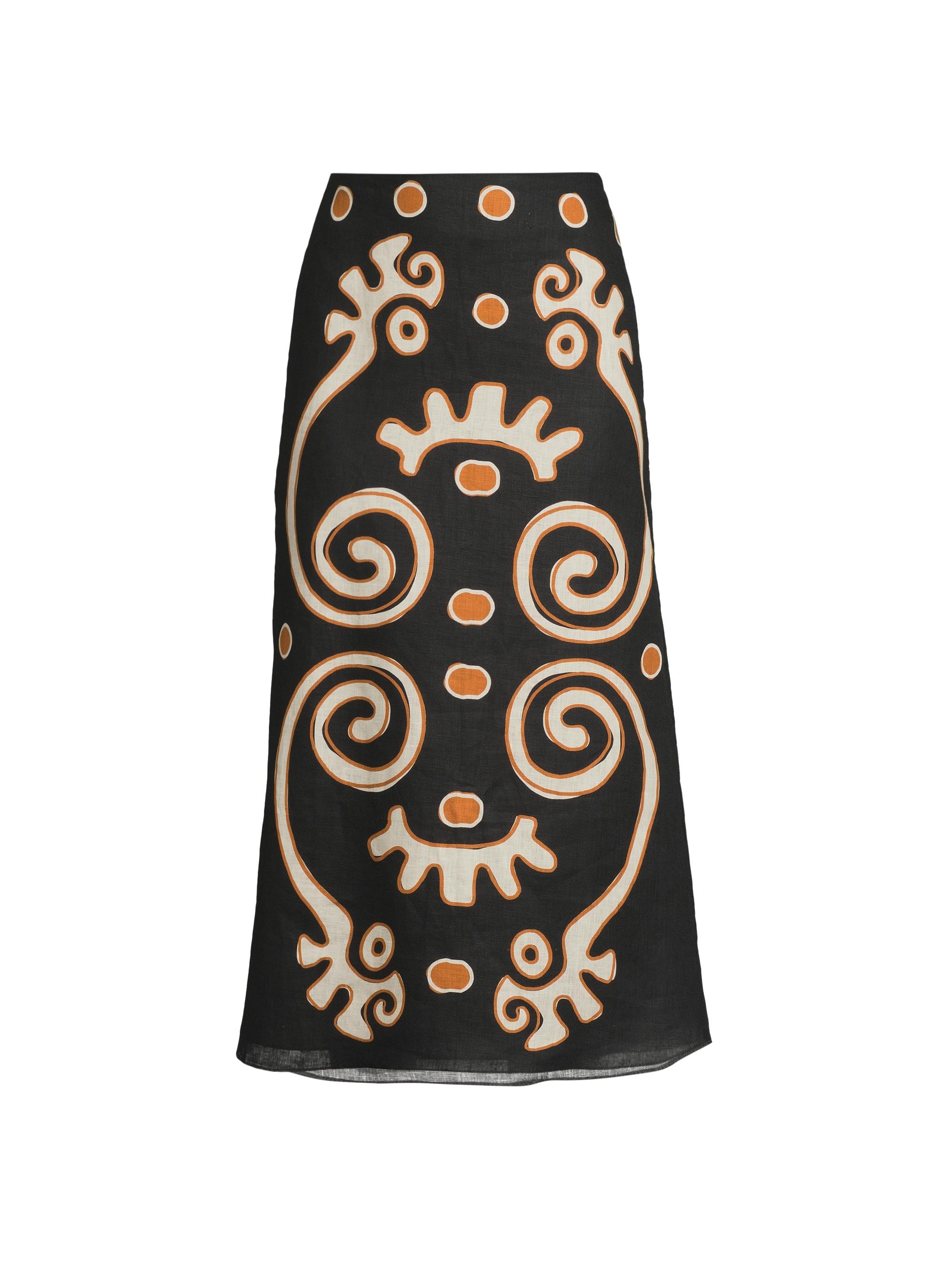 Cala de la Cruz Women's Fabiana Abstract Linen Midi-Skirt - Black Multi