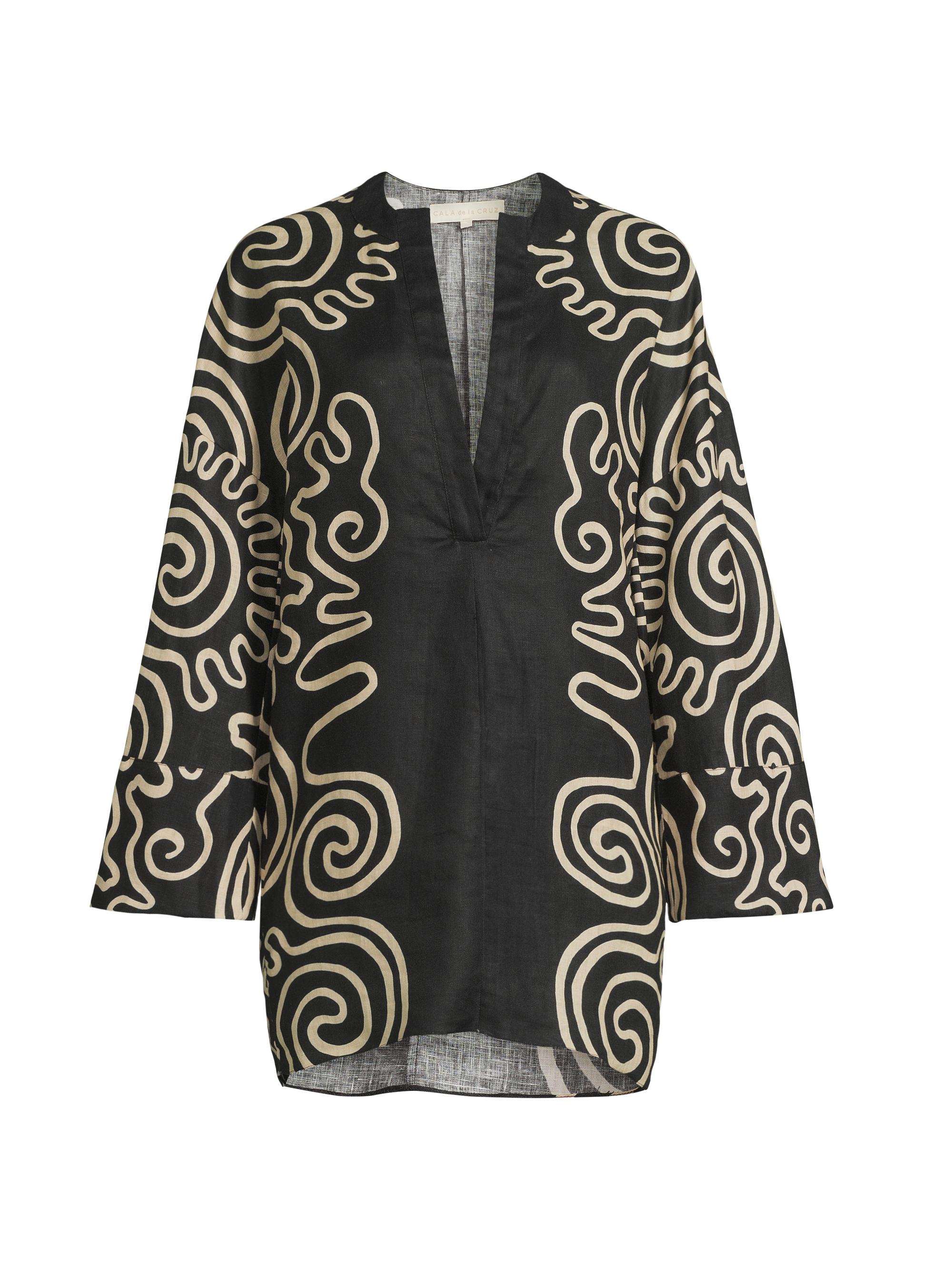 Cala de la Cruz Women's Siena Abstract Linen Kimono-Inspired Minidress - Black Cream