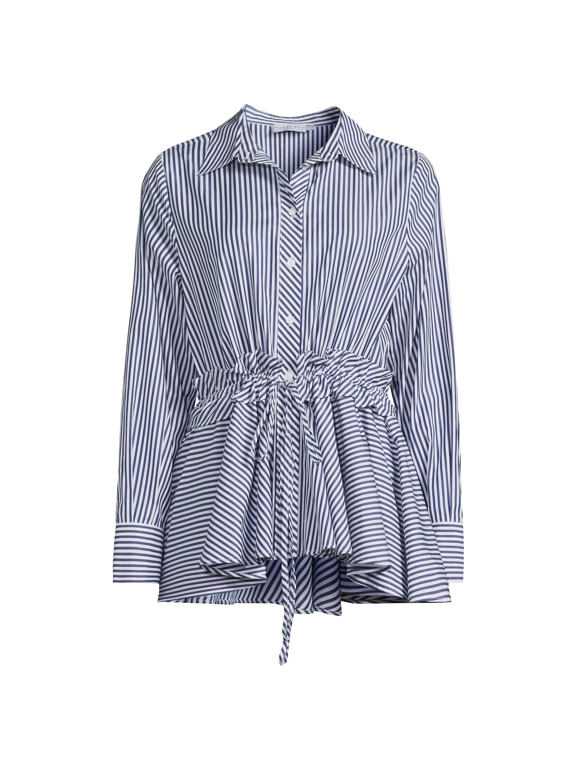 Harshman Women's Elowen Striped Cotton Tie-Waist Shirt - Navy Stripe
