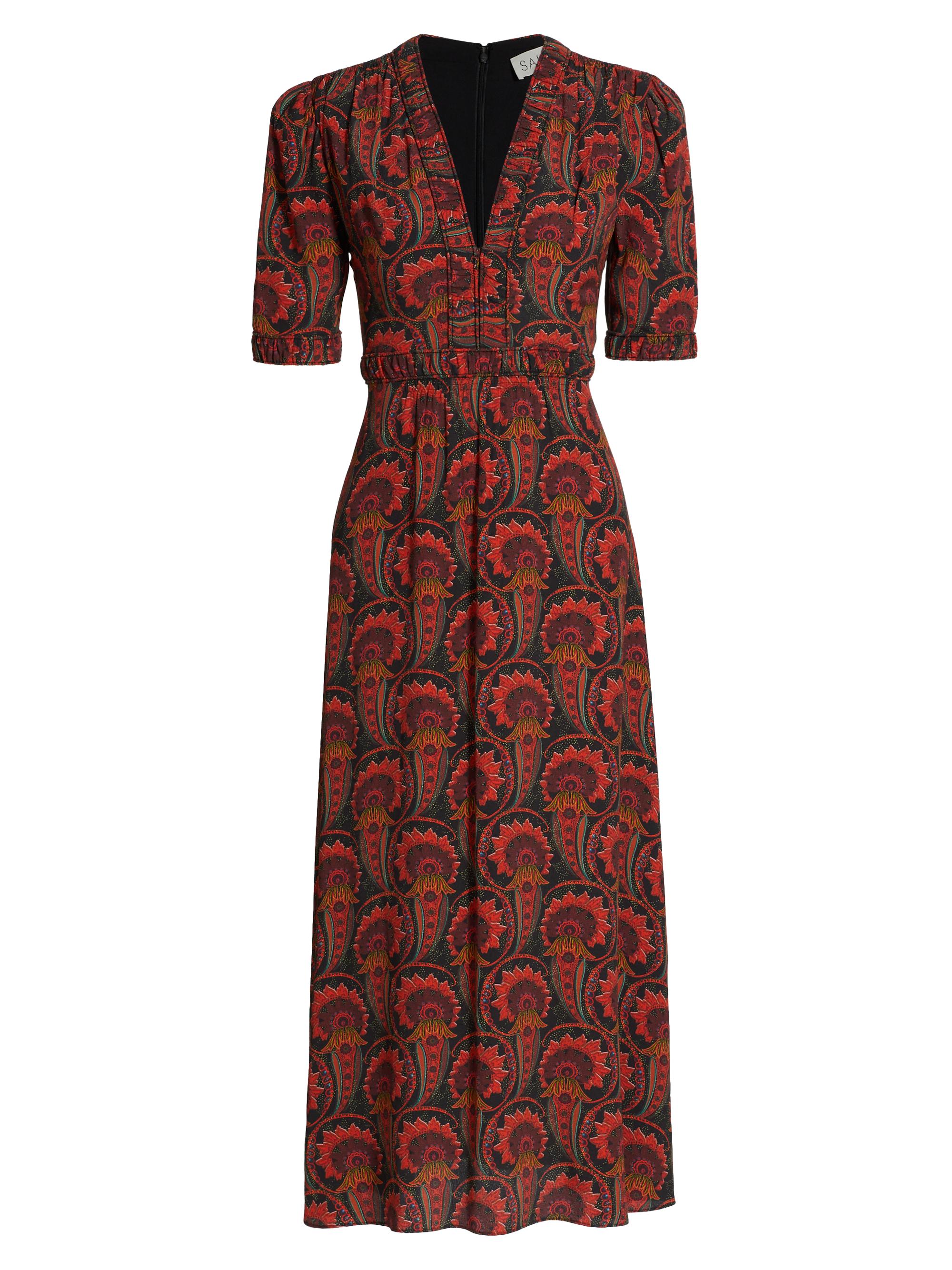 Saloni Women's Isla Printed Short-Sleeve Midi-Dress - Gingko Scarlet