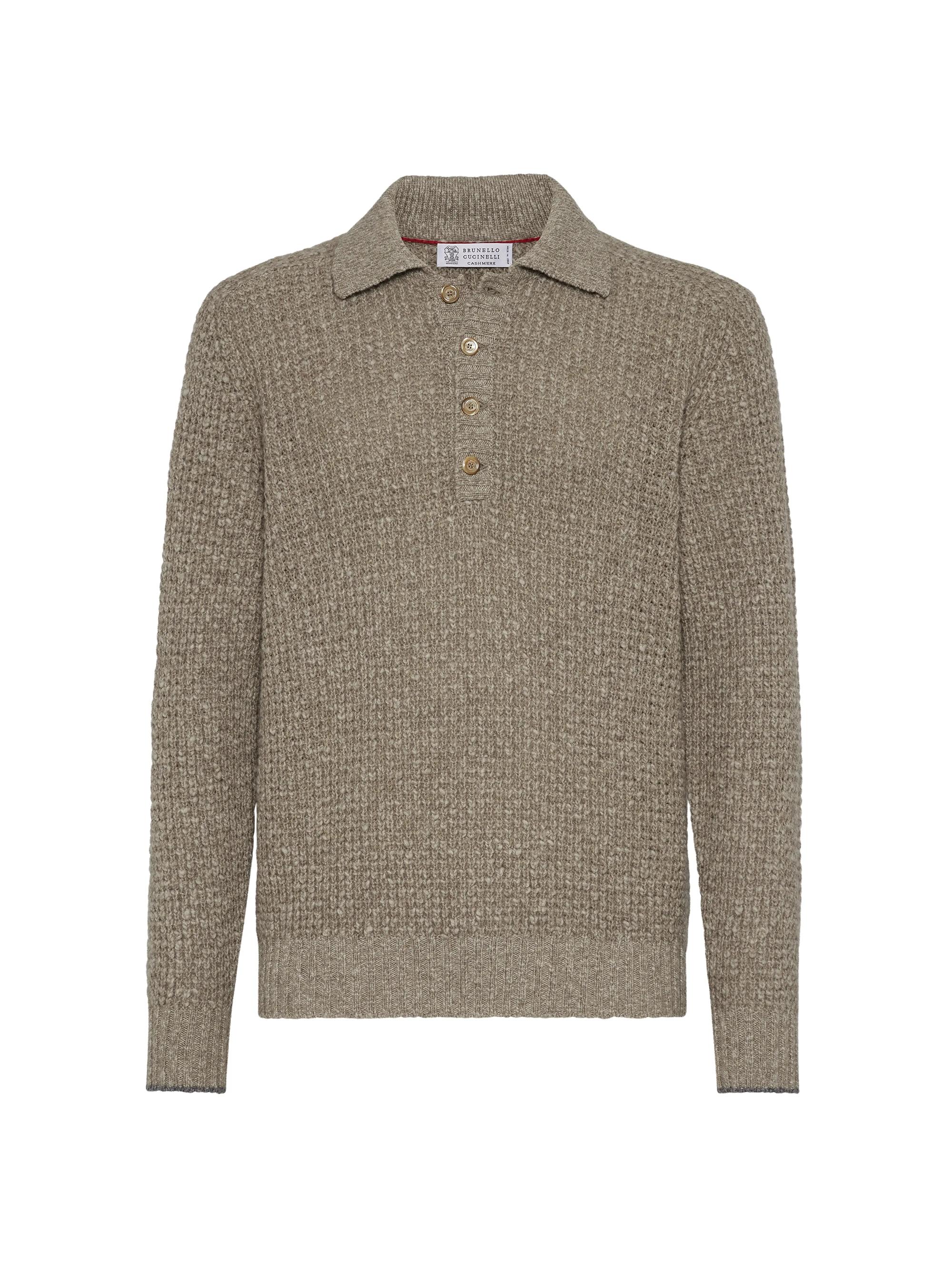 Brunello Cucinelli Men's Waffle Stitch Knit Polo Sweater with Long Sleeves - Light Brown