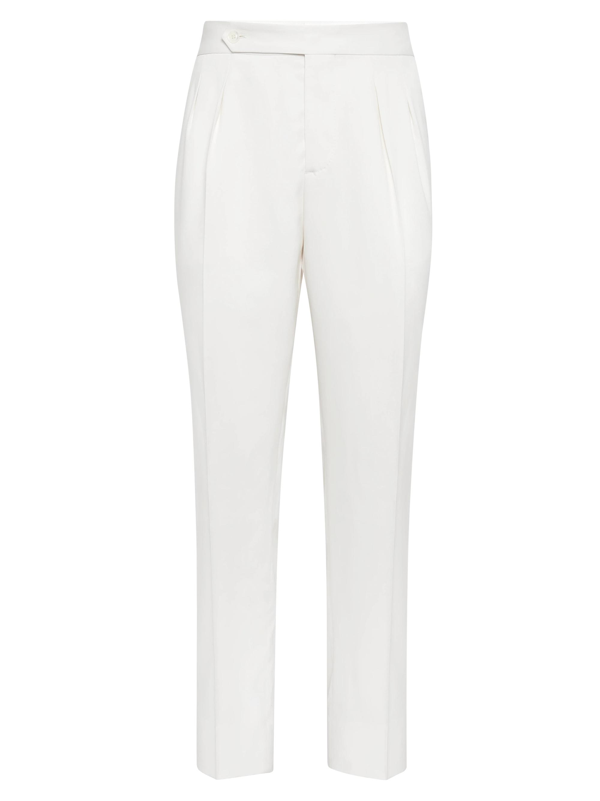 Brunello Cucinelli Men's Délavé Silk Twill Tuxedo Trousers with Double Pleats - White