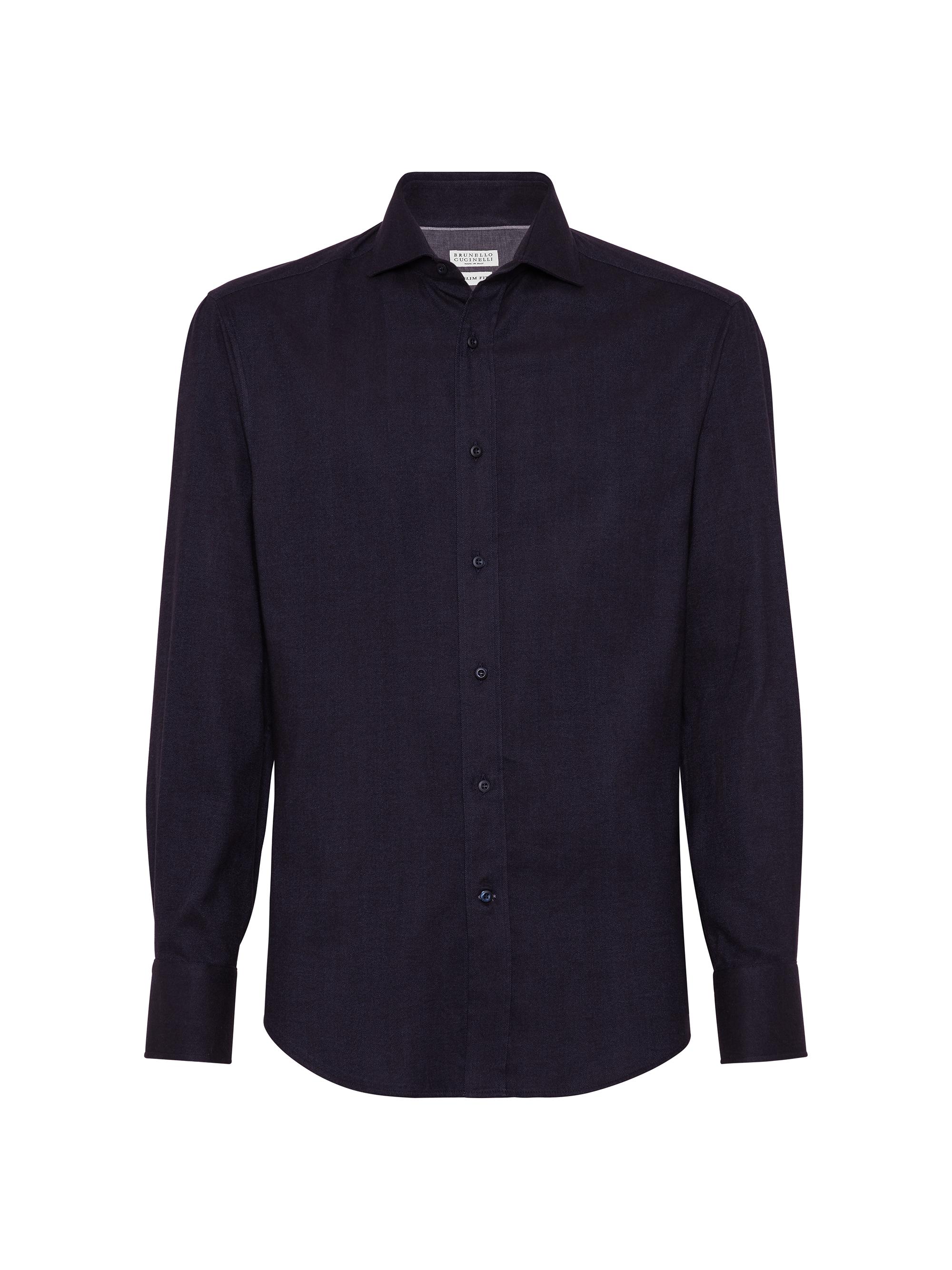 Brunello Cucinelli Men's Stretch Cotton Chevron Flannel Slim Fit Shirt - Navy Blue