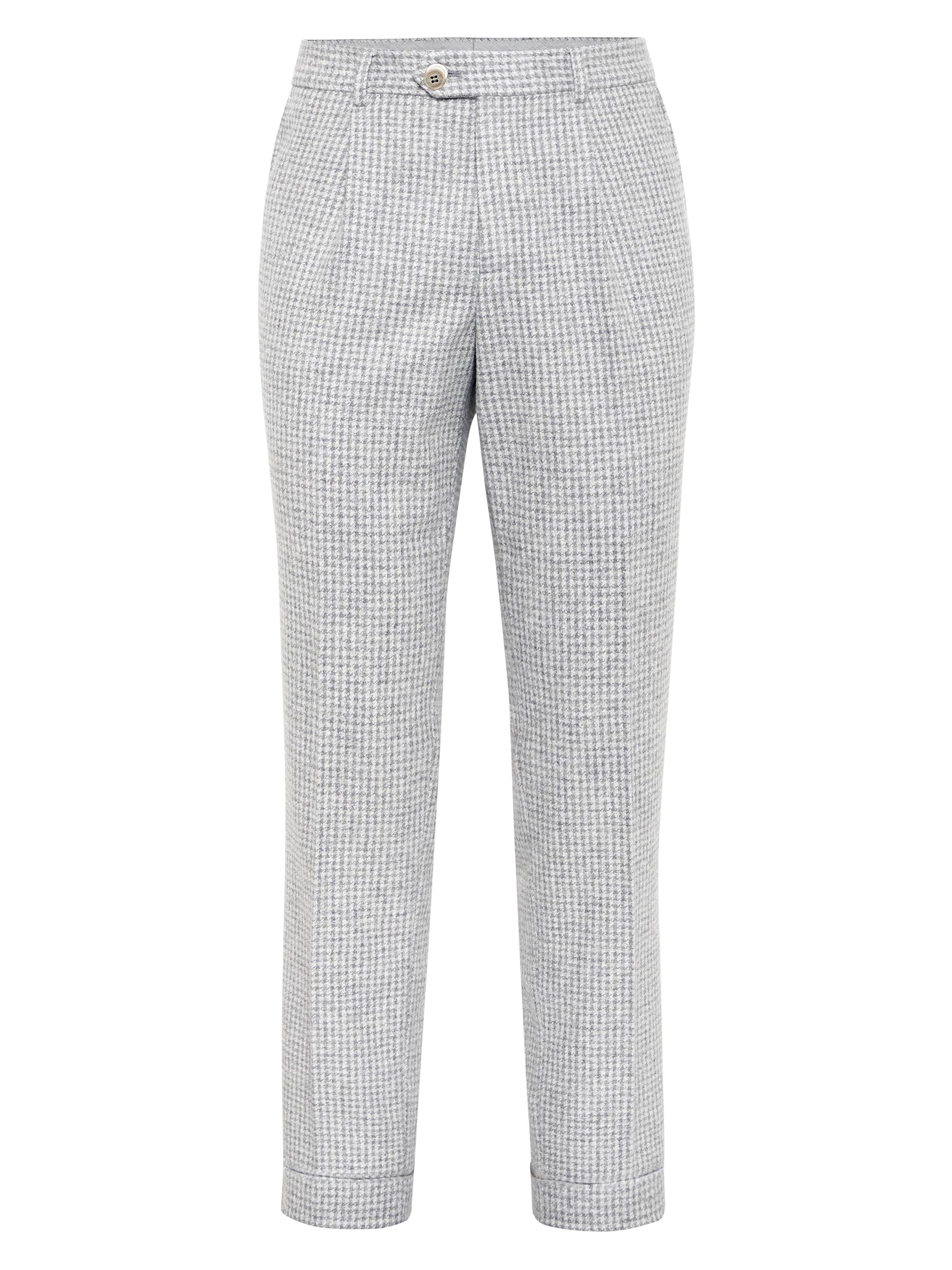 Brunello Cucinelli Men's Houndstooth Leisure Fit Trousers with Pleats - Pearl Grey