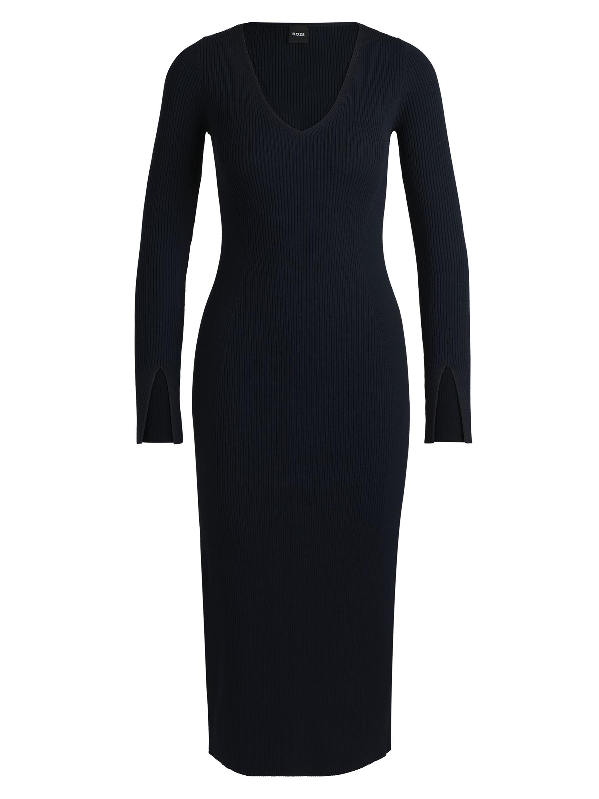 BOSS Women's Long-Sleeved V-neck Dress with Ribbed Knit - Dark Blue