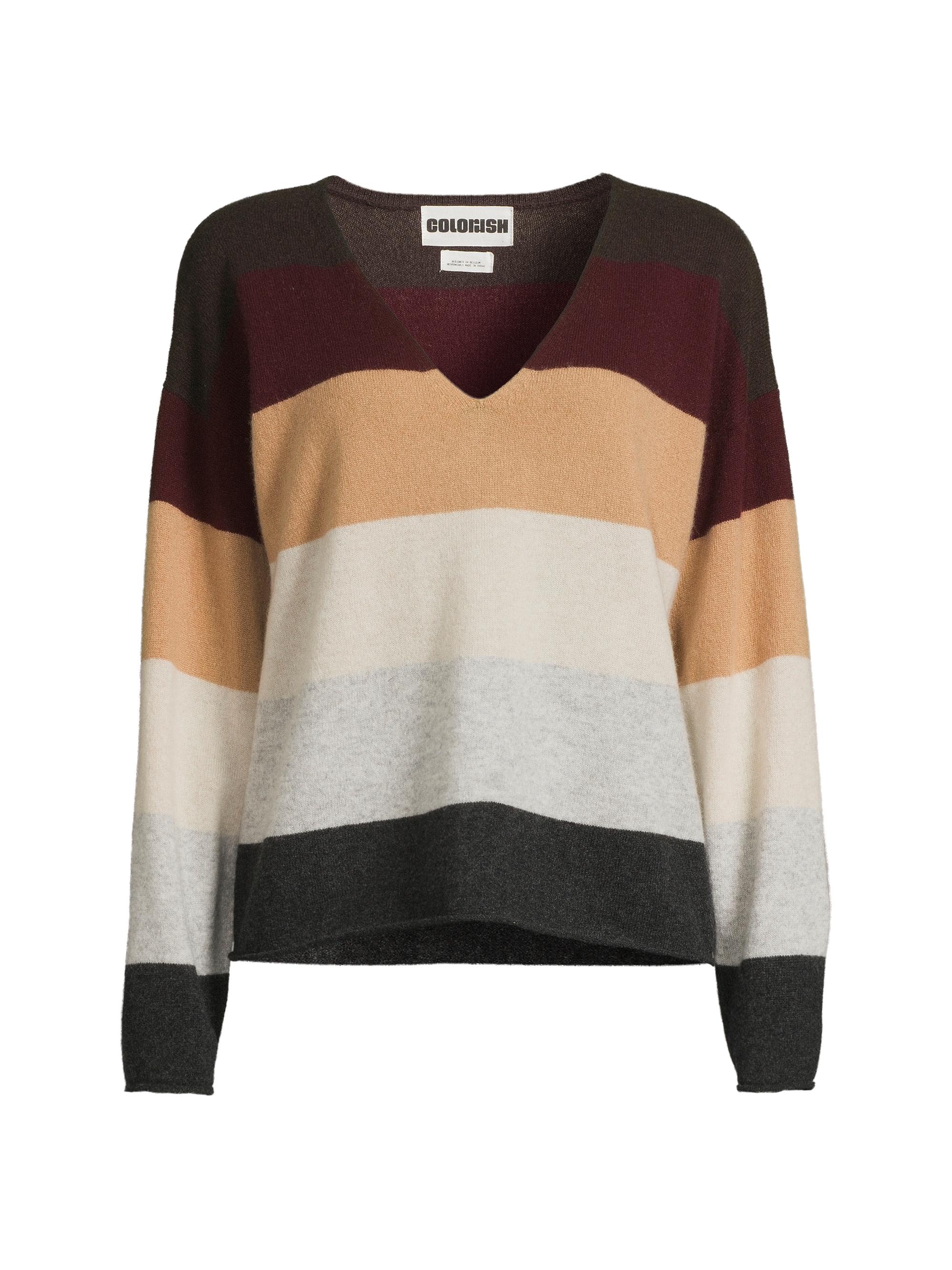 COLORUSH Women's Rainbow Penny V Striped Cashmere Sweater - Neutral Stripe