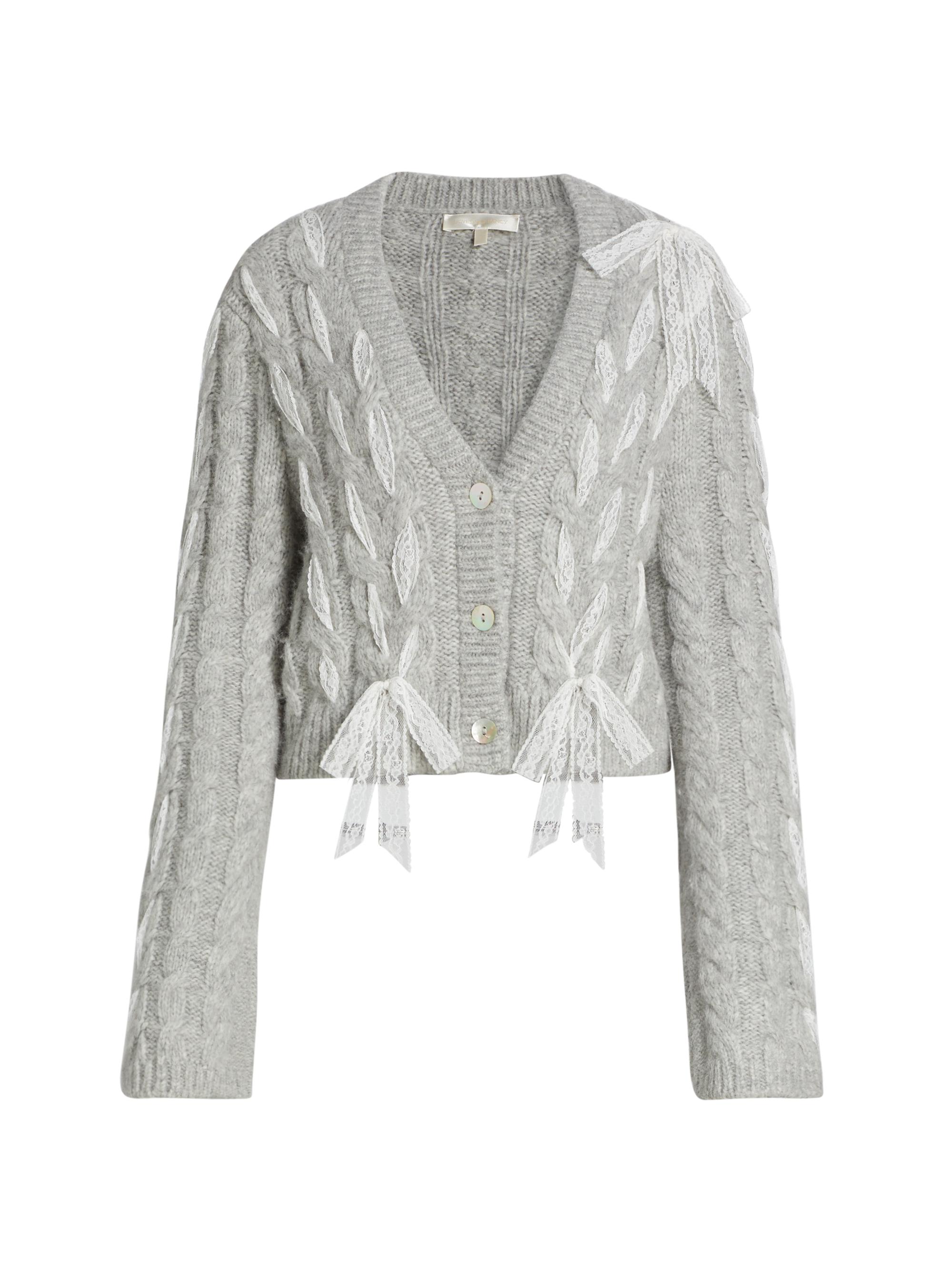 LoveShackFancy Women's Louella Lace Cable-Knit V-Neck Cardigan - Silver Mist