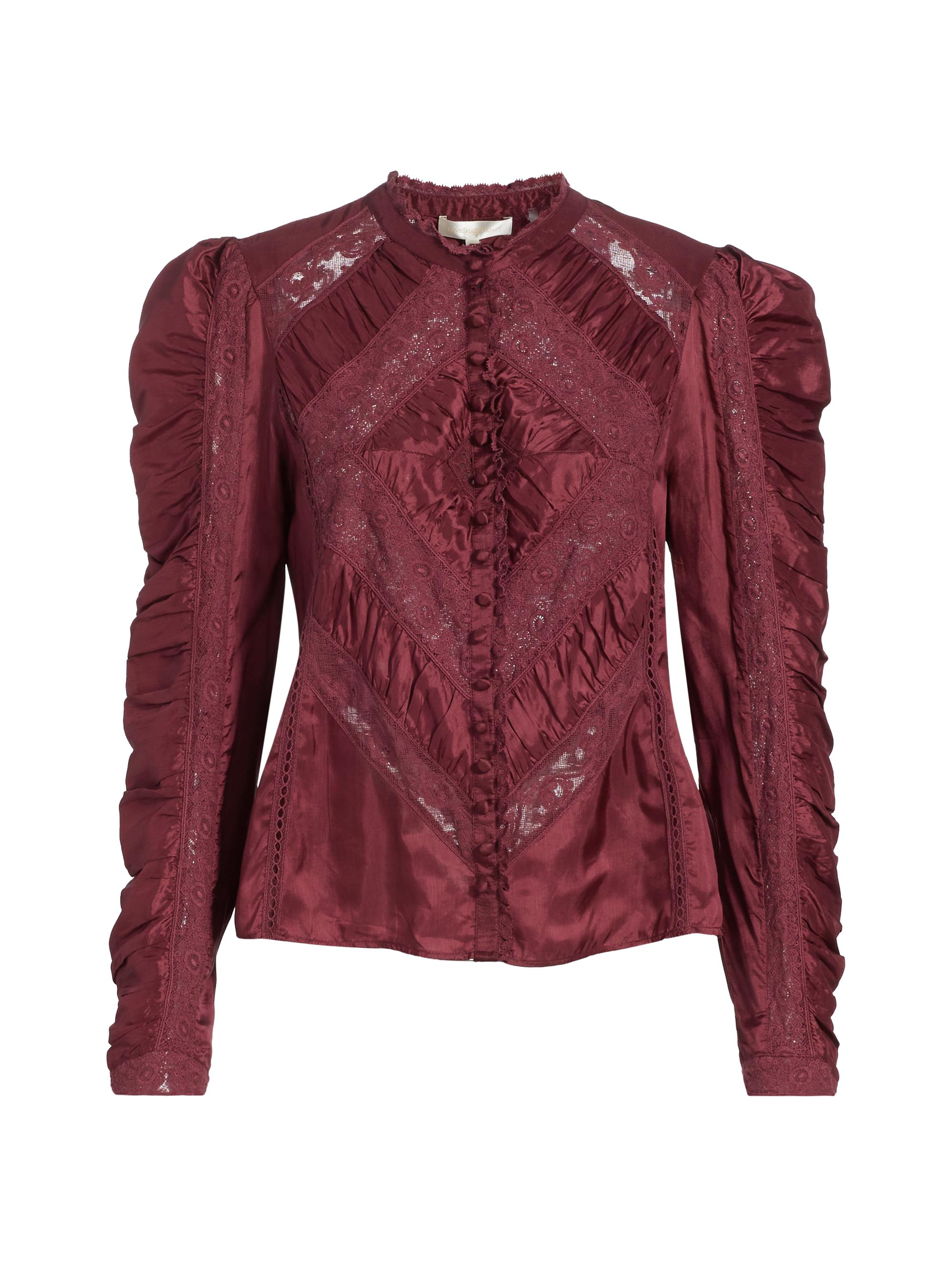 LoveShackFancy Women's Isaline Ruched Lace Long-Sleeve Top - Oxblood