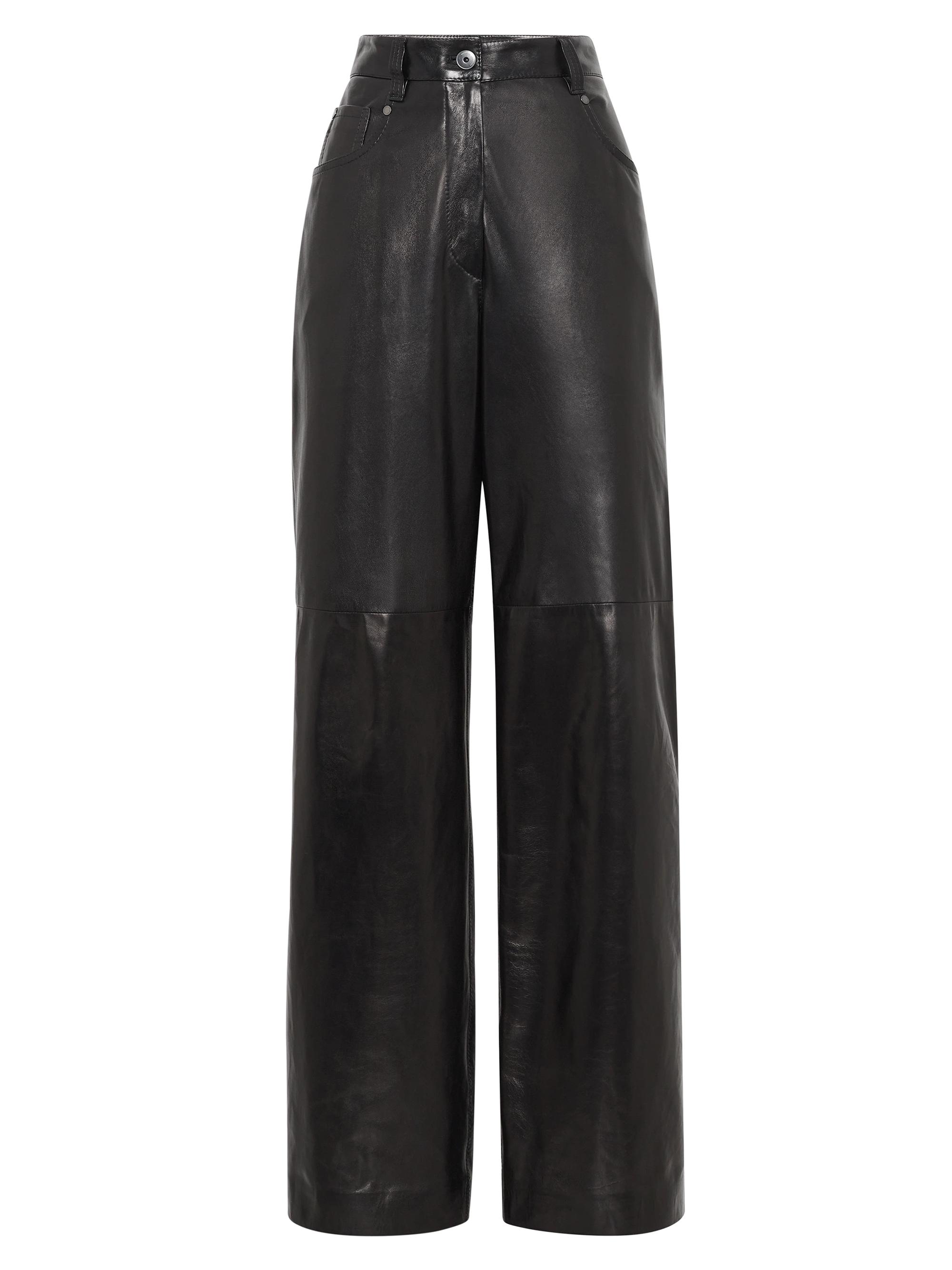 Brunello Cucinelli Women's Smooth Nappa Leather Wide Five Pocket Trousers With Shiny Tab - Black