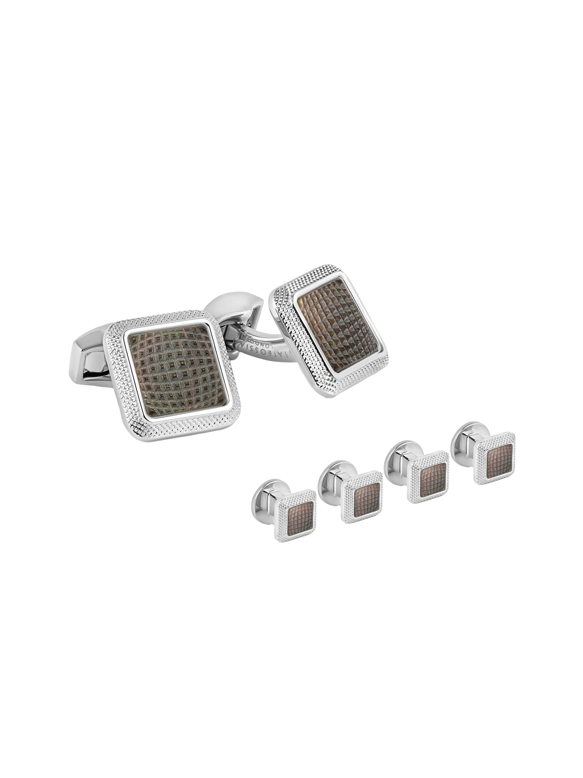 Tateossian Men's Spazio Square Mother of Pearl Cufflinks & Shirt Studs Set - Silver