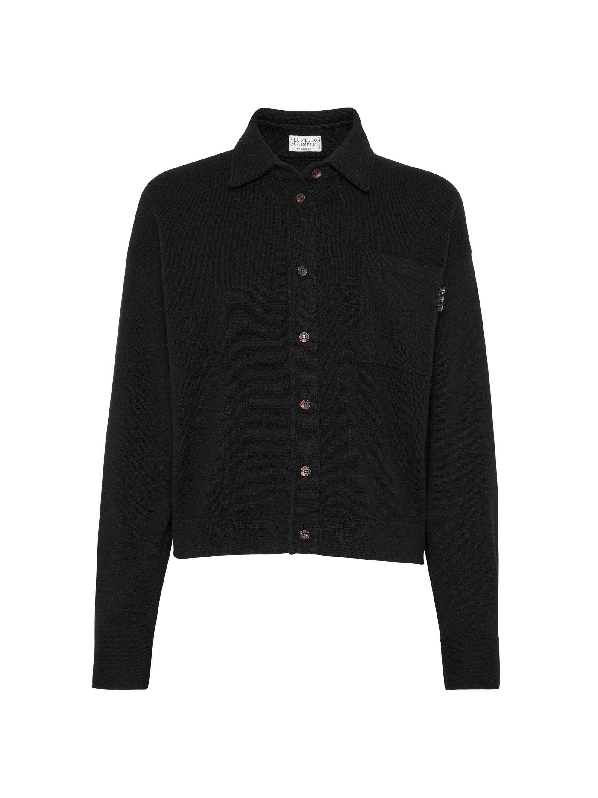 Brunello Cucinelli Women's Cashmere Knit Shirt with Shiny Tab - Black