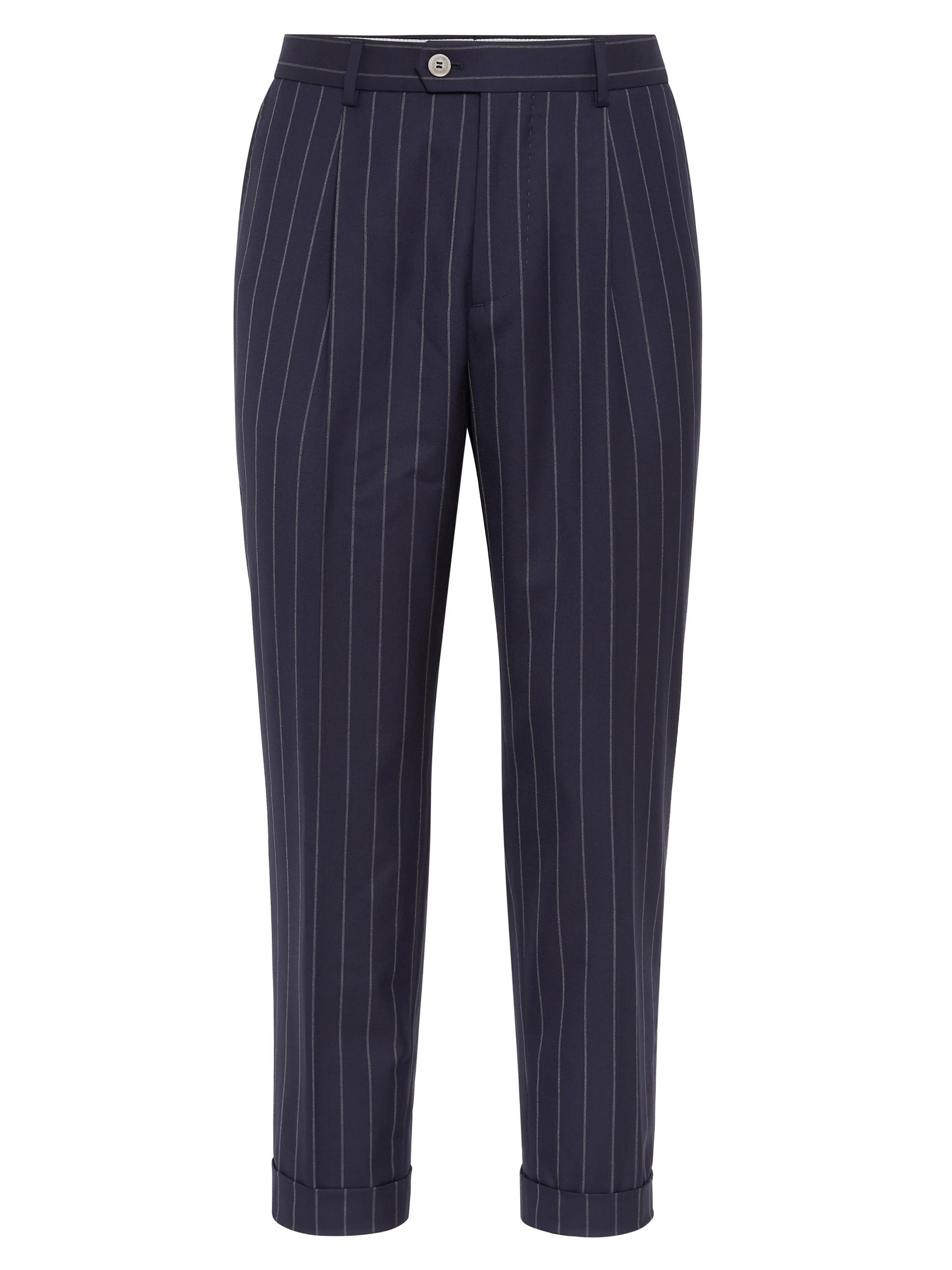 Brunello Cucinelli Men's Leisure Fit Trousers in Super 150s Virgin Wool Wide Stripe Batavia - Blue