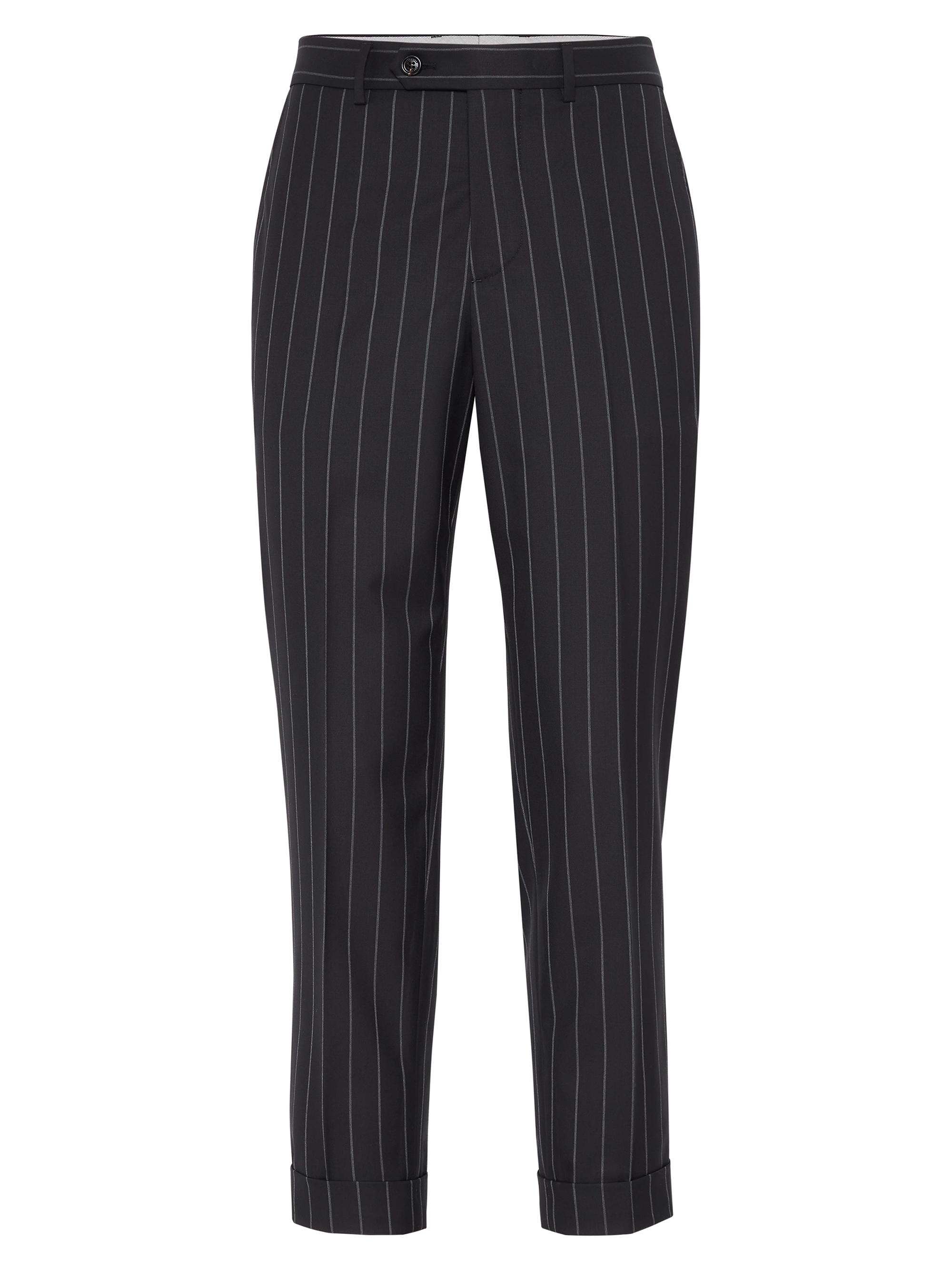 Brunello Cucinelli Men's Super 150s Virgin Wool Wide Stripe Batavia Formal Fit Trousers - Black