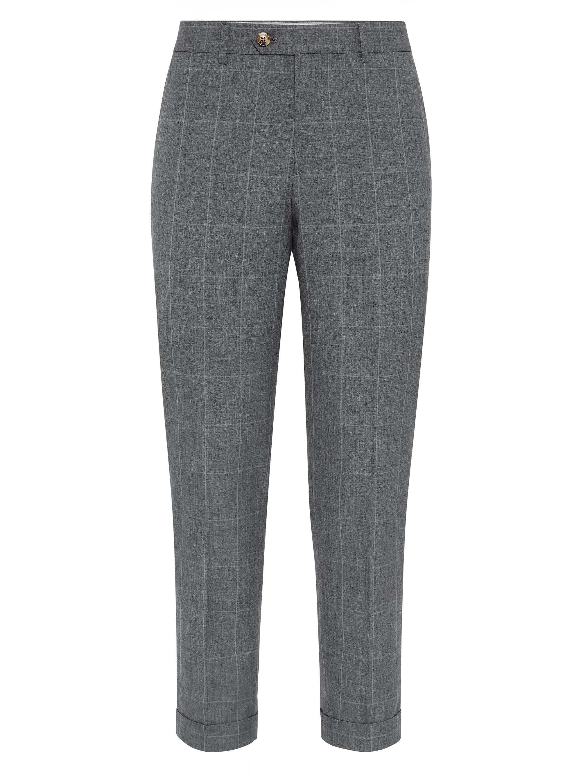 Brunello Cucinelli Men's Super 120s Virgin Wool Overcheck Formal Fit Trousers - Grey