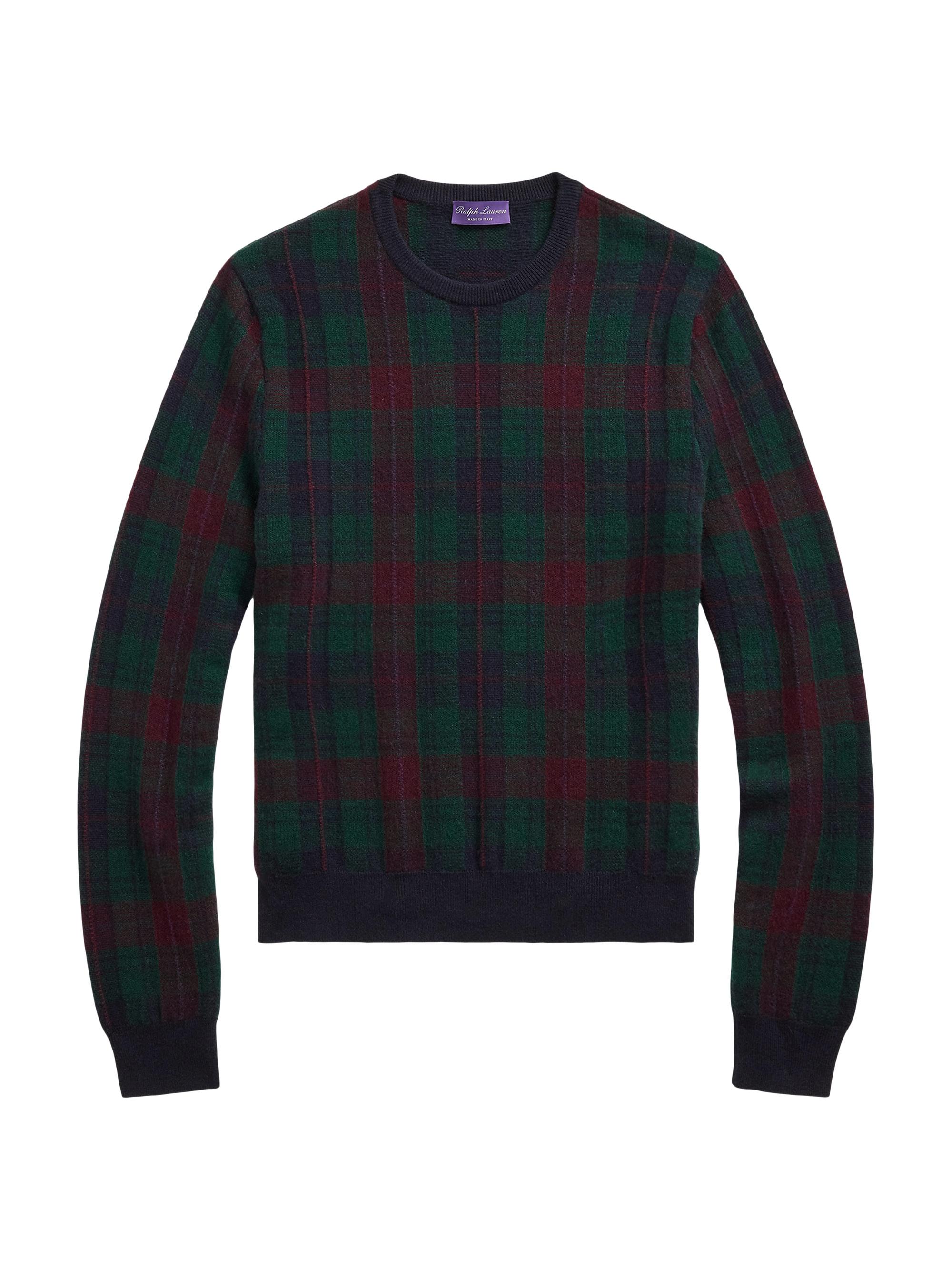 Ralph Lauren Purple Label Plaid Jacquard-Knit Cashmere Crewneck