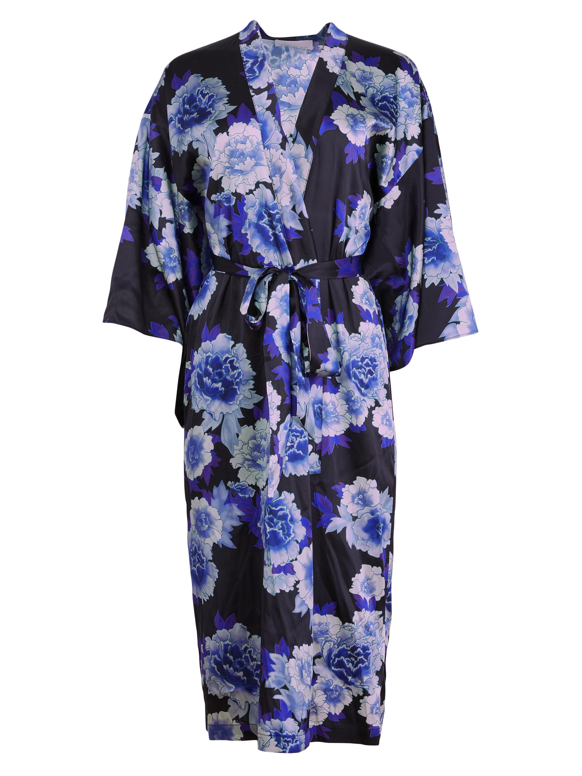 Fleur du Mal Women's Floral Silk-Blend Tie-Waist Robe - Blue Japanese Floral