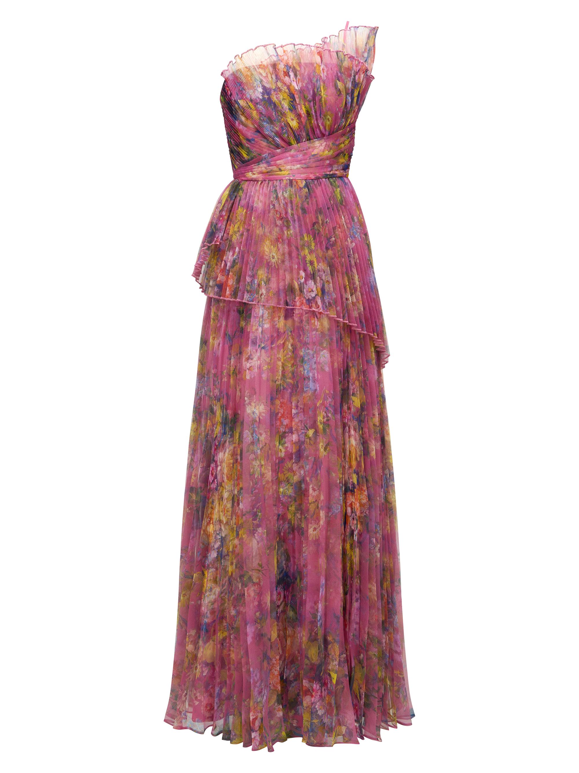 Theia Women's Nicolette Floral Pleated Organza Strapless Gown - Hazy Daisy