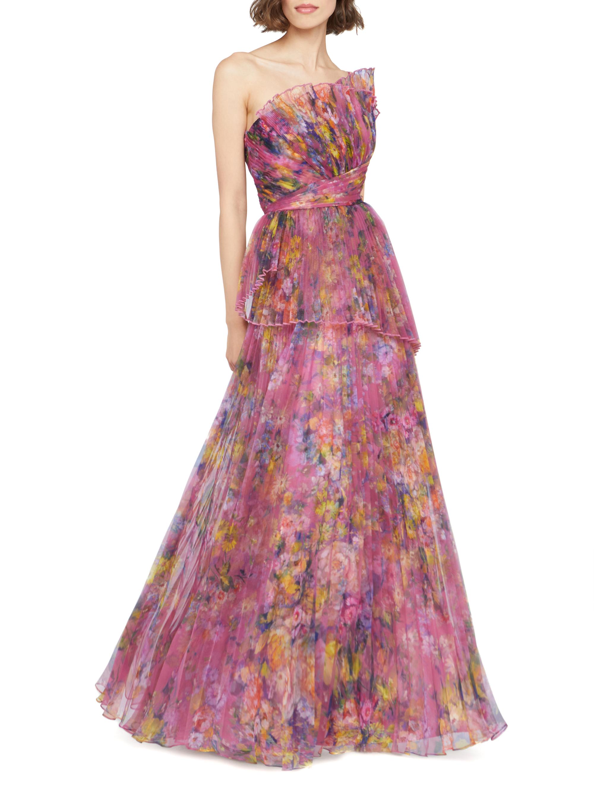 Theia Nicolette Floral Pleated Organza Strapless Gown | Saks Fifth