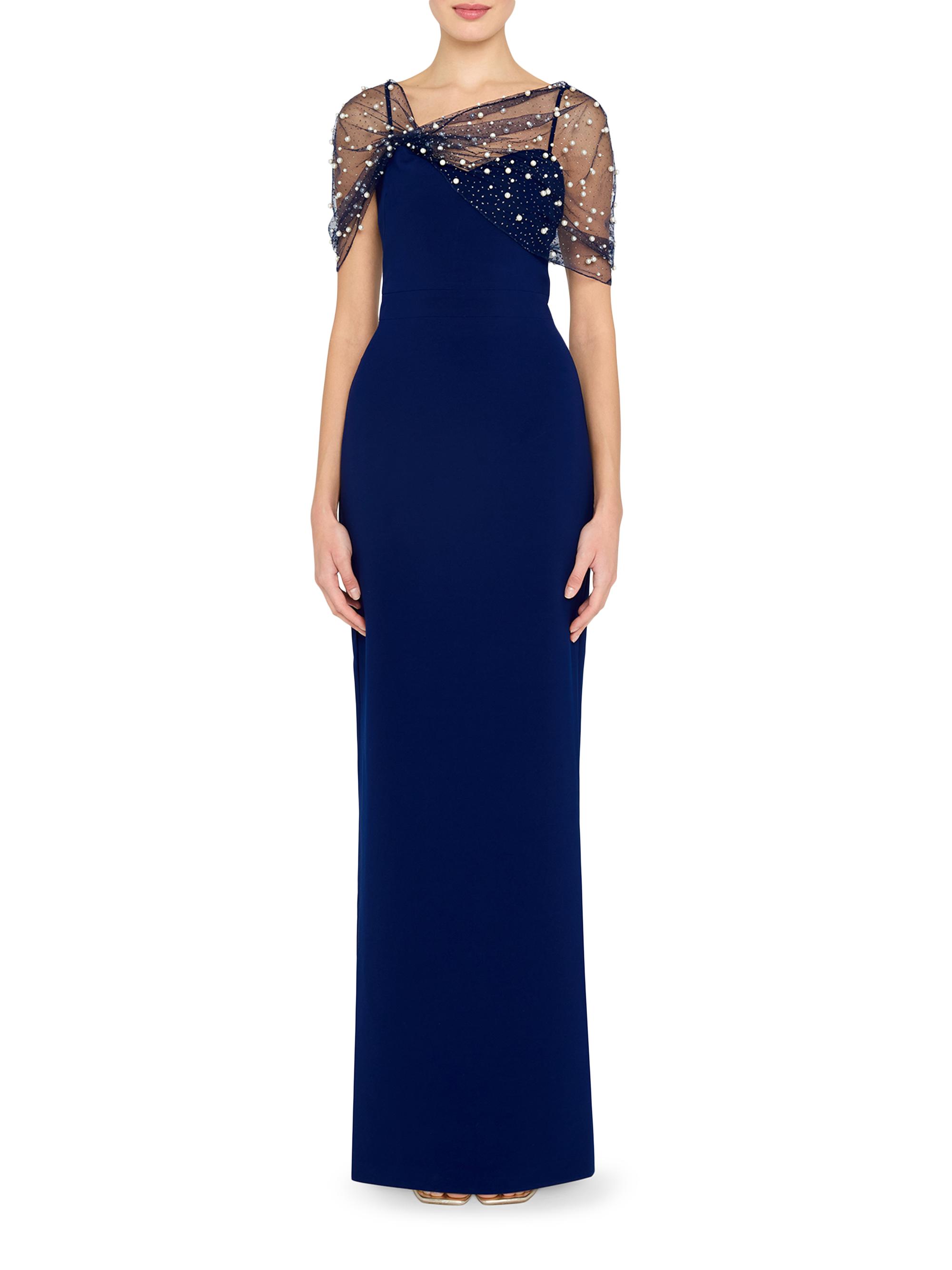Theia Women's Louella Faux Pearl Shawl Gown - Navy