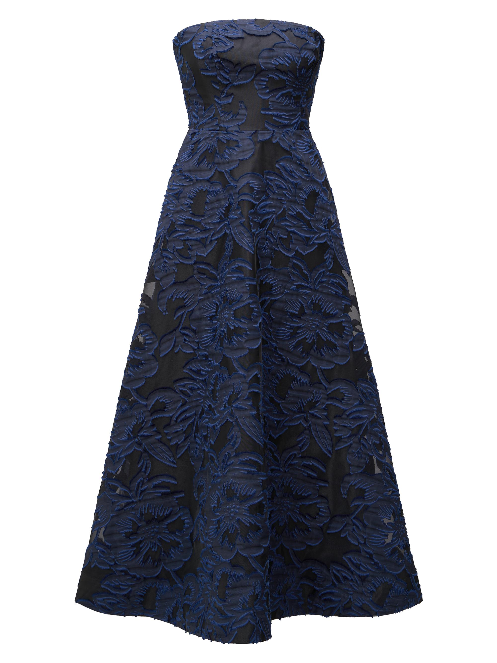 Theia Women's Laure Floral Jacquard Organza Strapless Cocktail Dress - Midnight Navy Black