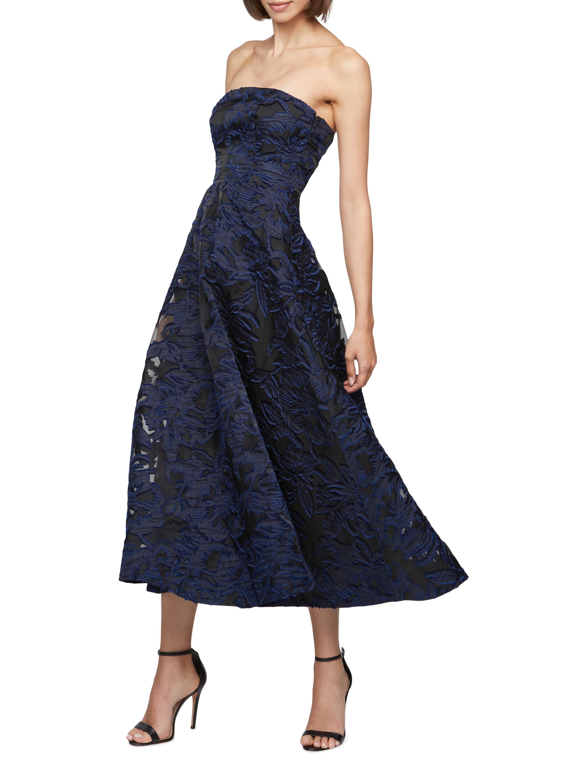 evening of elegance navy blue floral jacquard wrap midi dress Maya Navy 3D Floral Embroidered Long Sleeve Midi Dress – Maya Deluxe main image 0