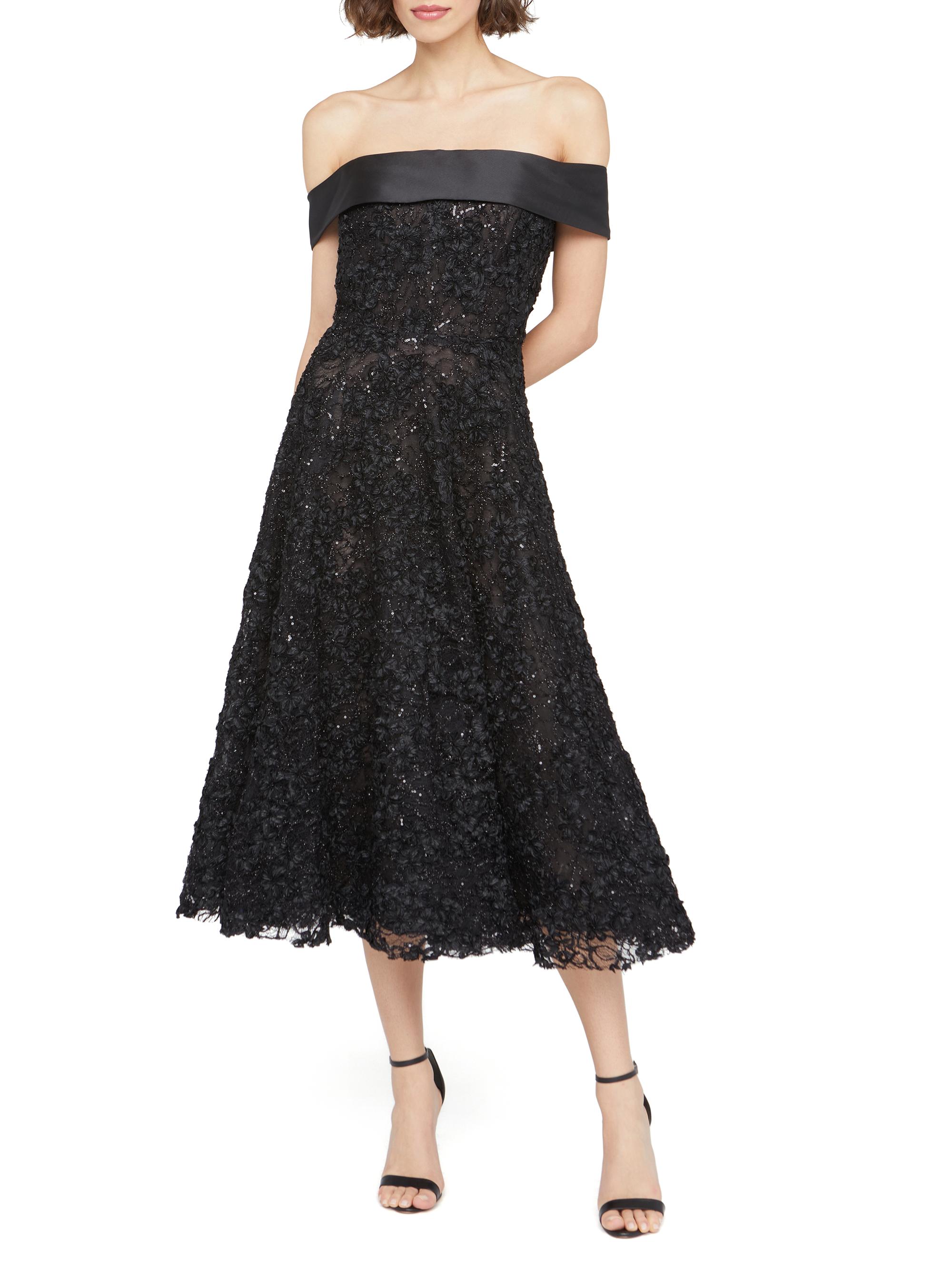 Theia Women's Roxy Lace Off-The-Shoulder A-Line Midi-Dress - Black