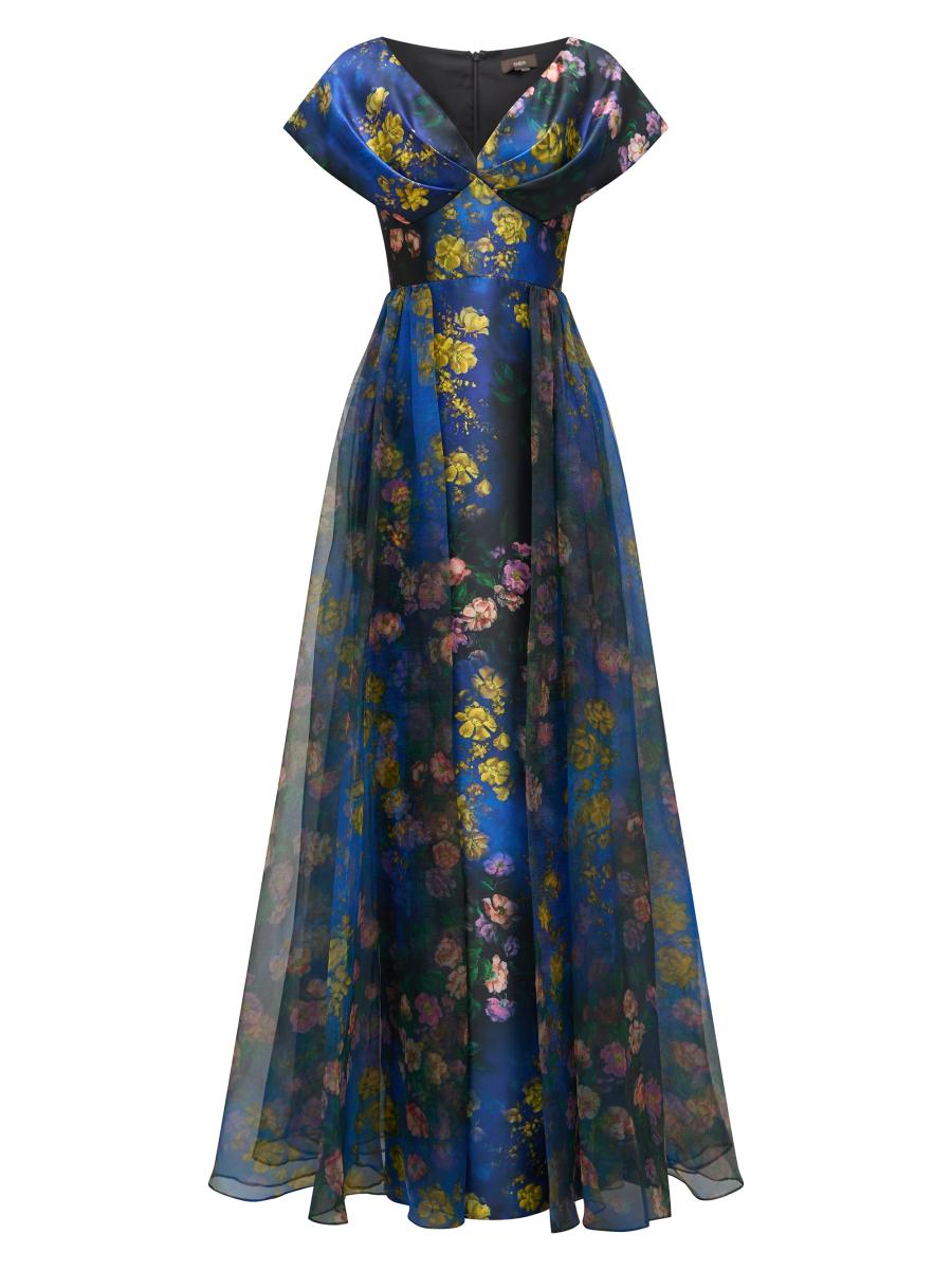 Theia Nadia Floral Mikado V-Neck Gown | Saks Fifth Avenue