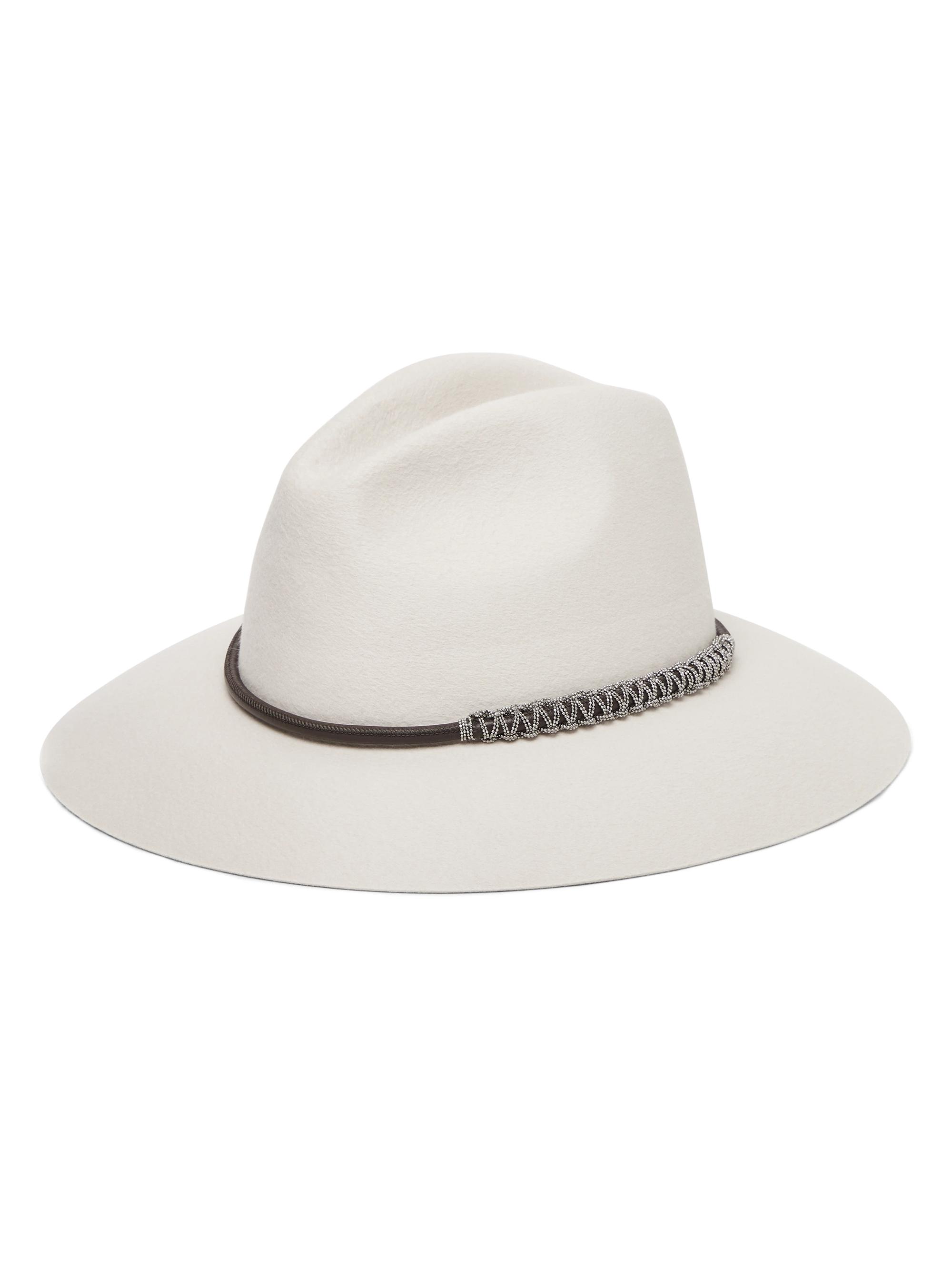 Brunello Cucinelli Women's Felt Fedora with Leather and Monili Band - Off White