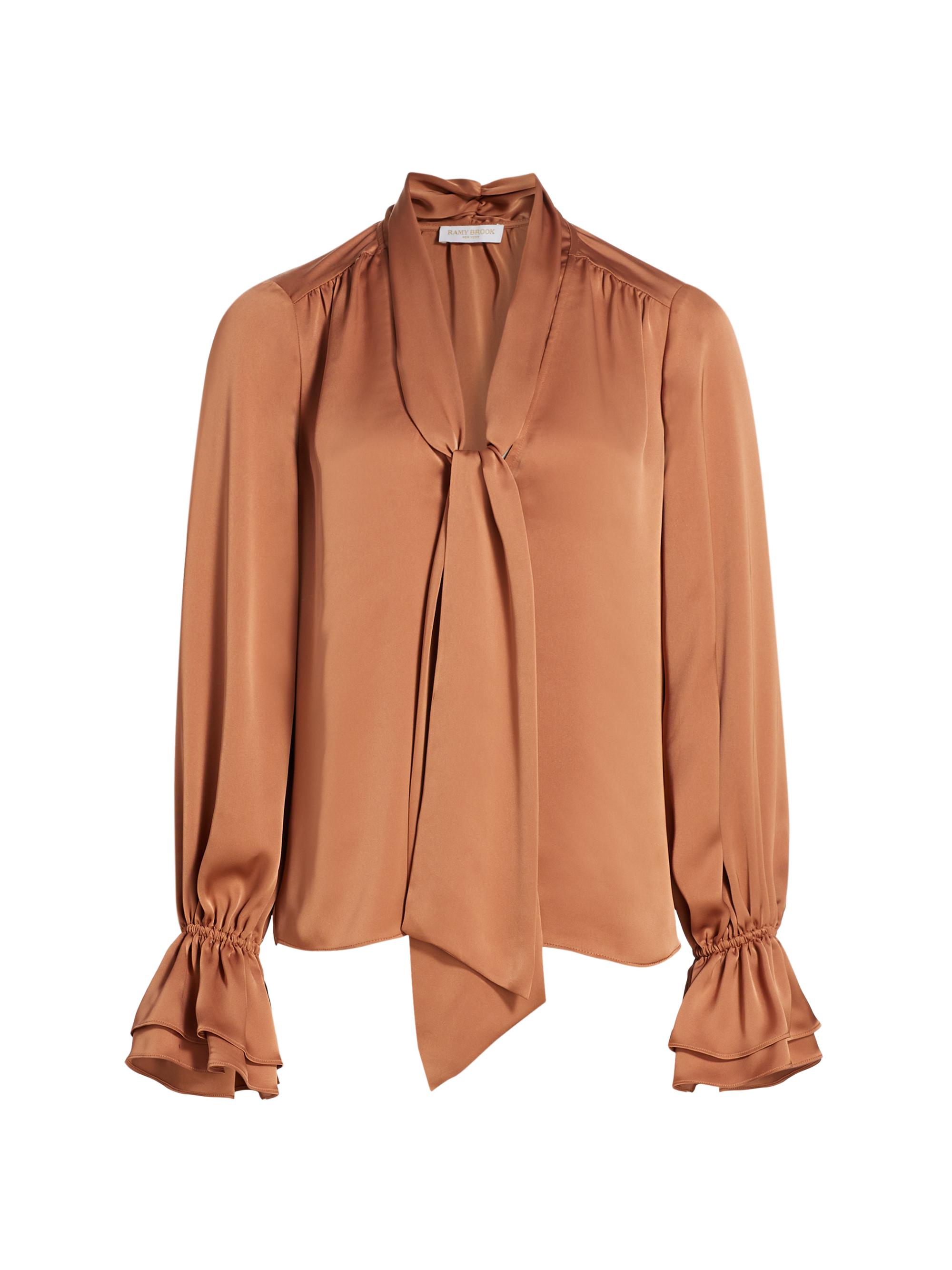Ramy Brook Women's Tammy Satin Tieneck Blouse - Saddle