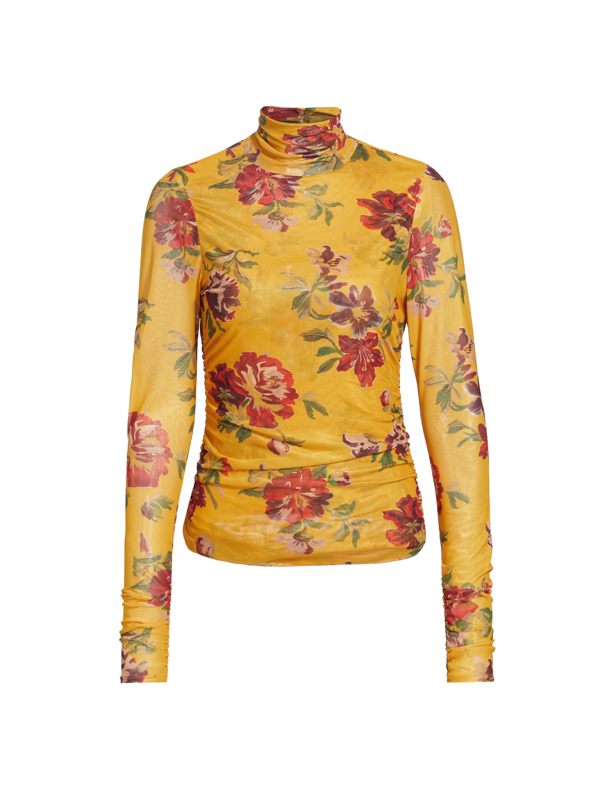 CINQ A SEPT Women's Bridgette Floral Shirred Mesh Turtleneck - Deep Gold Multi