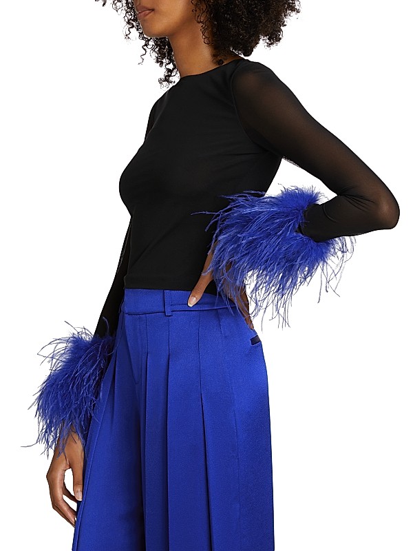Shop Alice + Olivia Delaina Feather-Trimmed Mesh Top | Saks Shop Alice + Olivia Delaina Feather-Trimmed Mesh Top | Saks