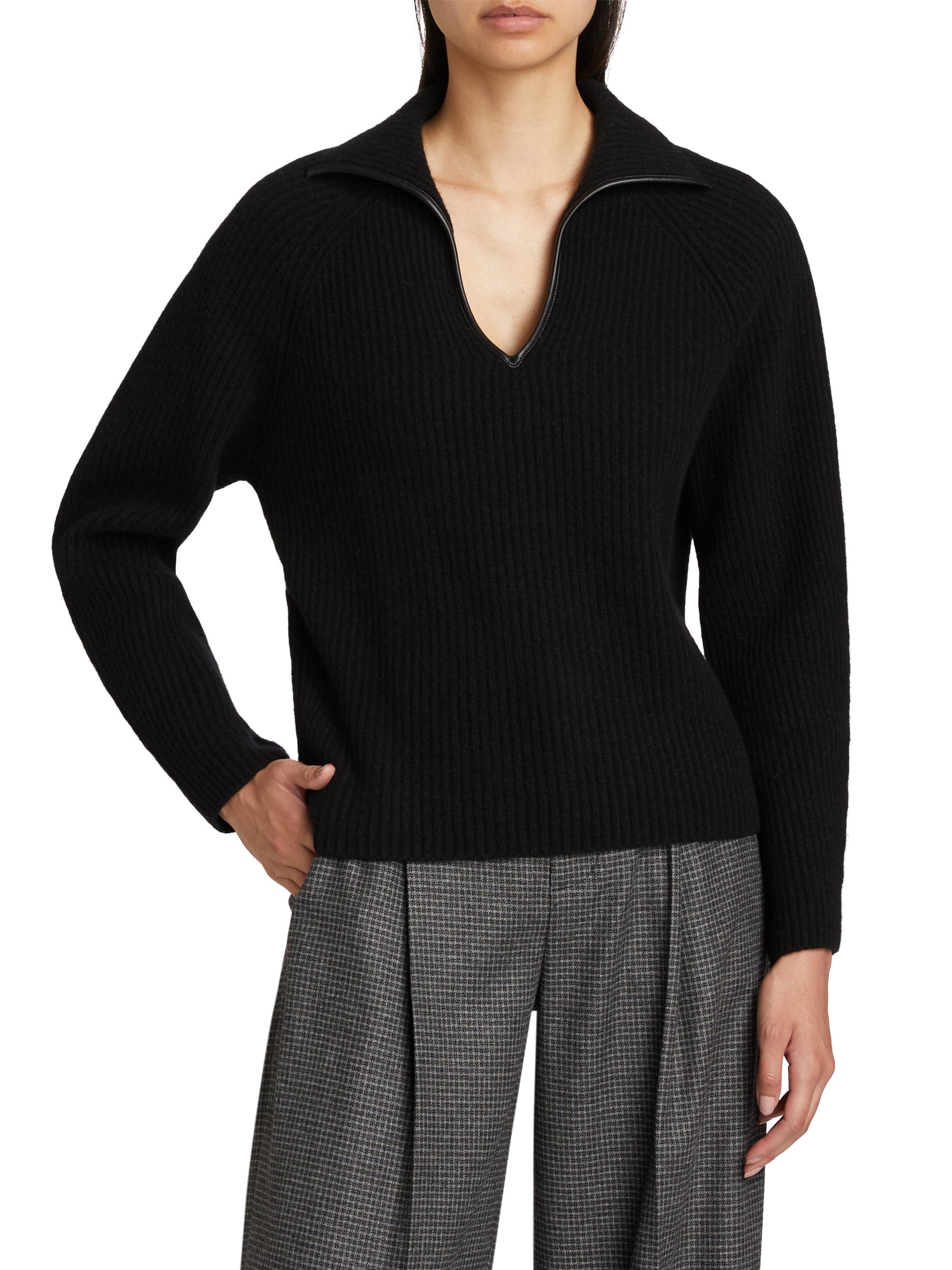 Vince Leather-Trim Rib-Knit Polo Sweater | Saks Fifth Avenue